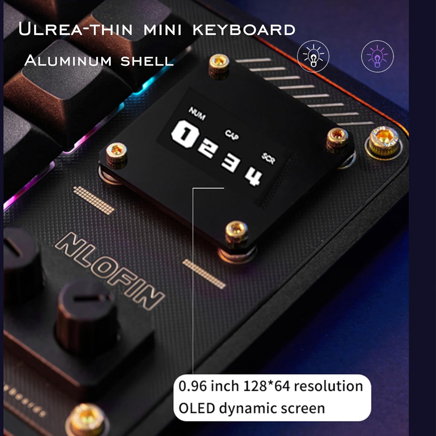 Close-up of the NLOFIN KB16's OLED dynamic screen and aluminum shell