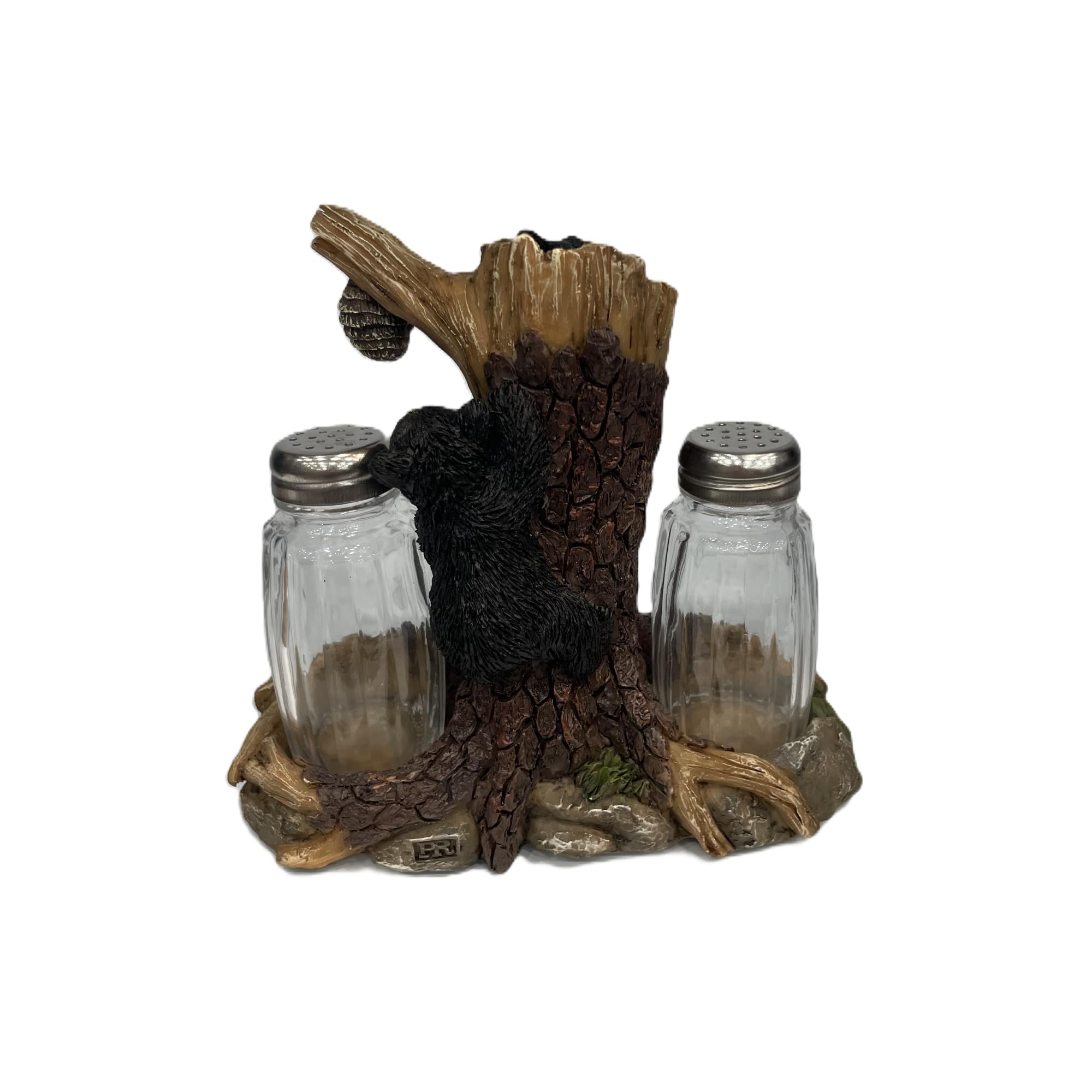 Pine Ridge Salero y pimentero de oso – Dos agitadores de vidrio, soporte de oso en árbol para especias y condimentos, para cocina, comedor o decoración de mesa