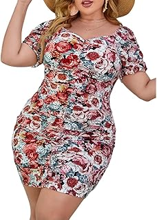 Plus Size Puff Sleeve Square Neck Floral Mini Dress, Bodycon Summer Wedding Guest Tea Party Dresses for Women