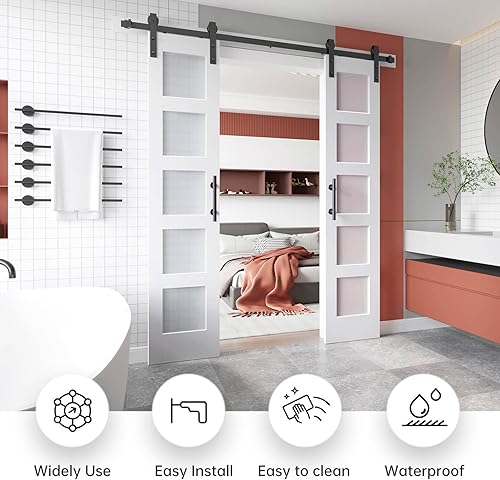 Miniatura 2 de EaseLife Puerta de granero de vidrio de 40 x 84 pulgadas con kit de herrajes para puerta corredera de 6.6 pies incluido y asa, madera maciza LVL