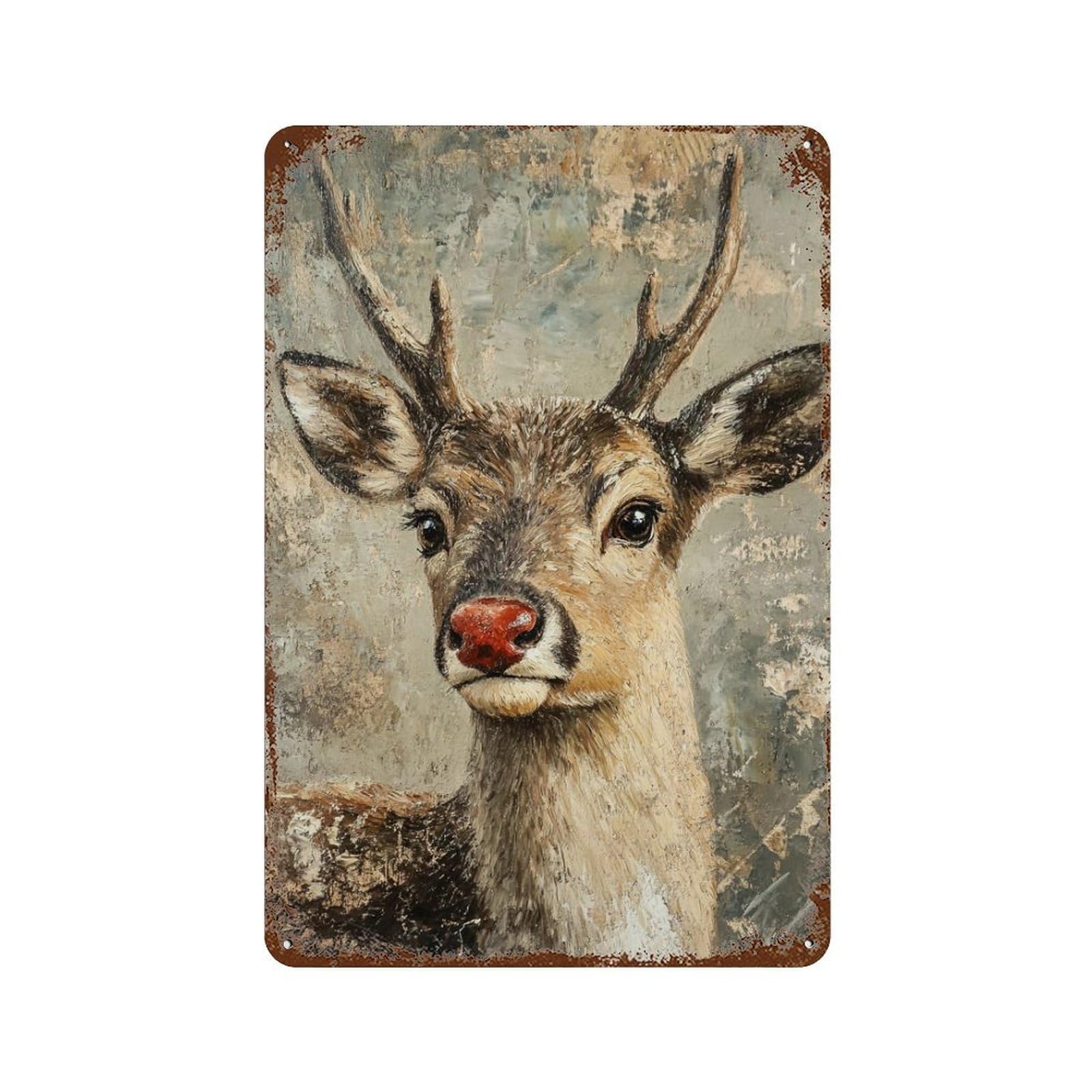 Deer Portrait Painting Aged Metal Wall Plaque 11.8"x7.9", for Pub, Kitchen And Man Cave Decor, Decorative Metal Wall Art