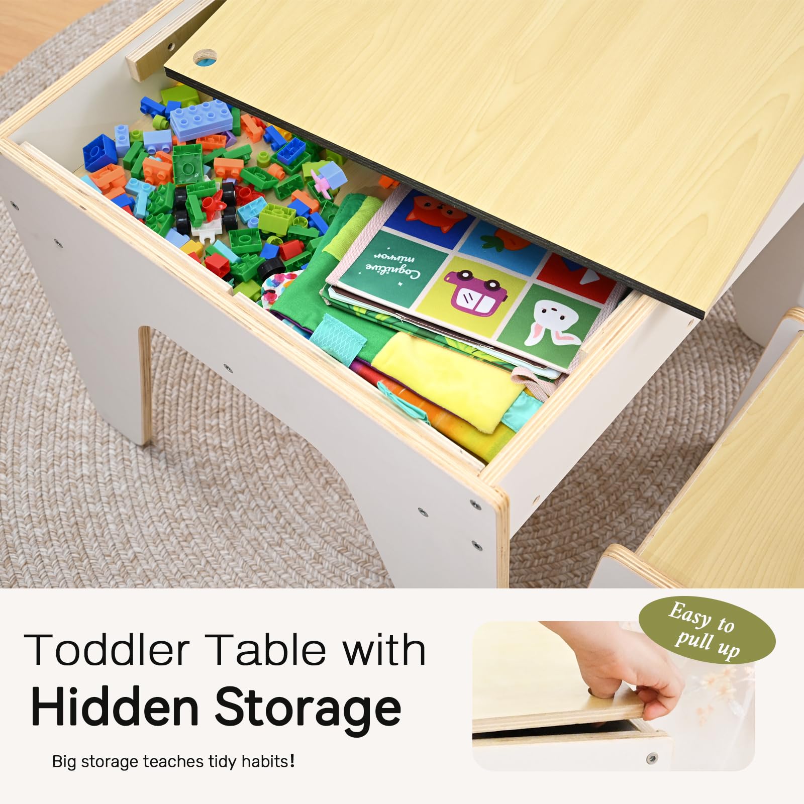 Juego de mesa y sillas para niños pequeños 4 en 1, mesas de juego para niños con almacenamiento, mesas sensoriales de madera con placa base de bloqueo de doble cara, mesa de actividades para 7