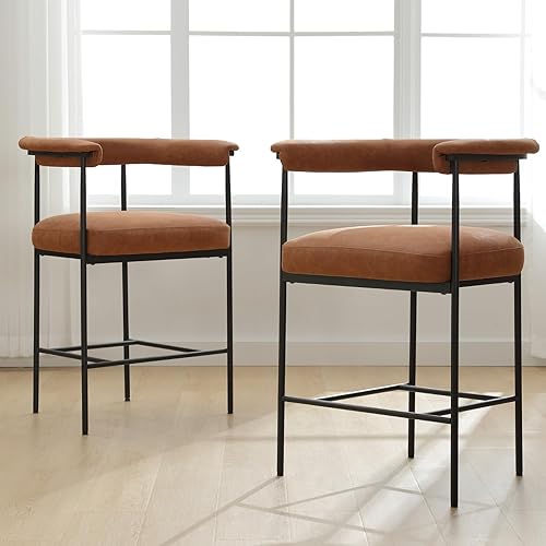 Miniatura 6 de Juego de 2 taburetes de bar modernos, de 26 pulgadas, tapizados de tela sherpa, sillas de bar con respaldo abierto, patas de metal para cocina,