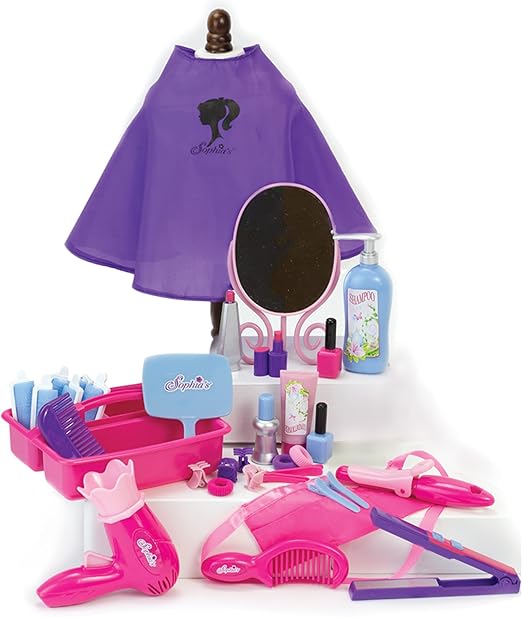 Sophia's Hair Salon Complete 30 Piece Set with Styling Tools, Hair Ties, Brush, Mirror, Blow Dryer, Salon Cape and More for 18" Dolls, Pink/Purple