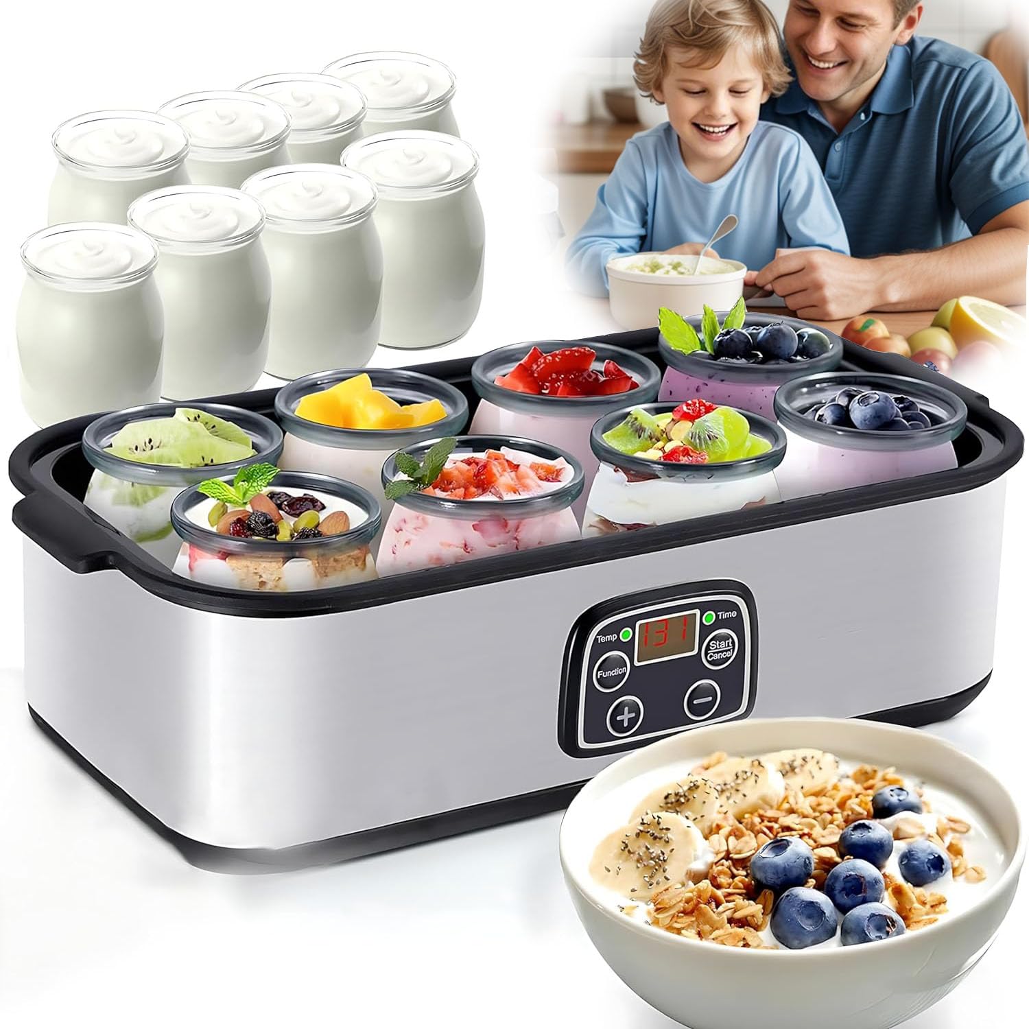 Yogurt Maker, Automatic Digital Yoghurt Maker Machine with Timer & Constant Temperature Control, Stainless Steel Probiotic Yogurt Makers with & LCD Display, 8 * 6 Oz Glass Yogurter Jars