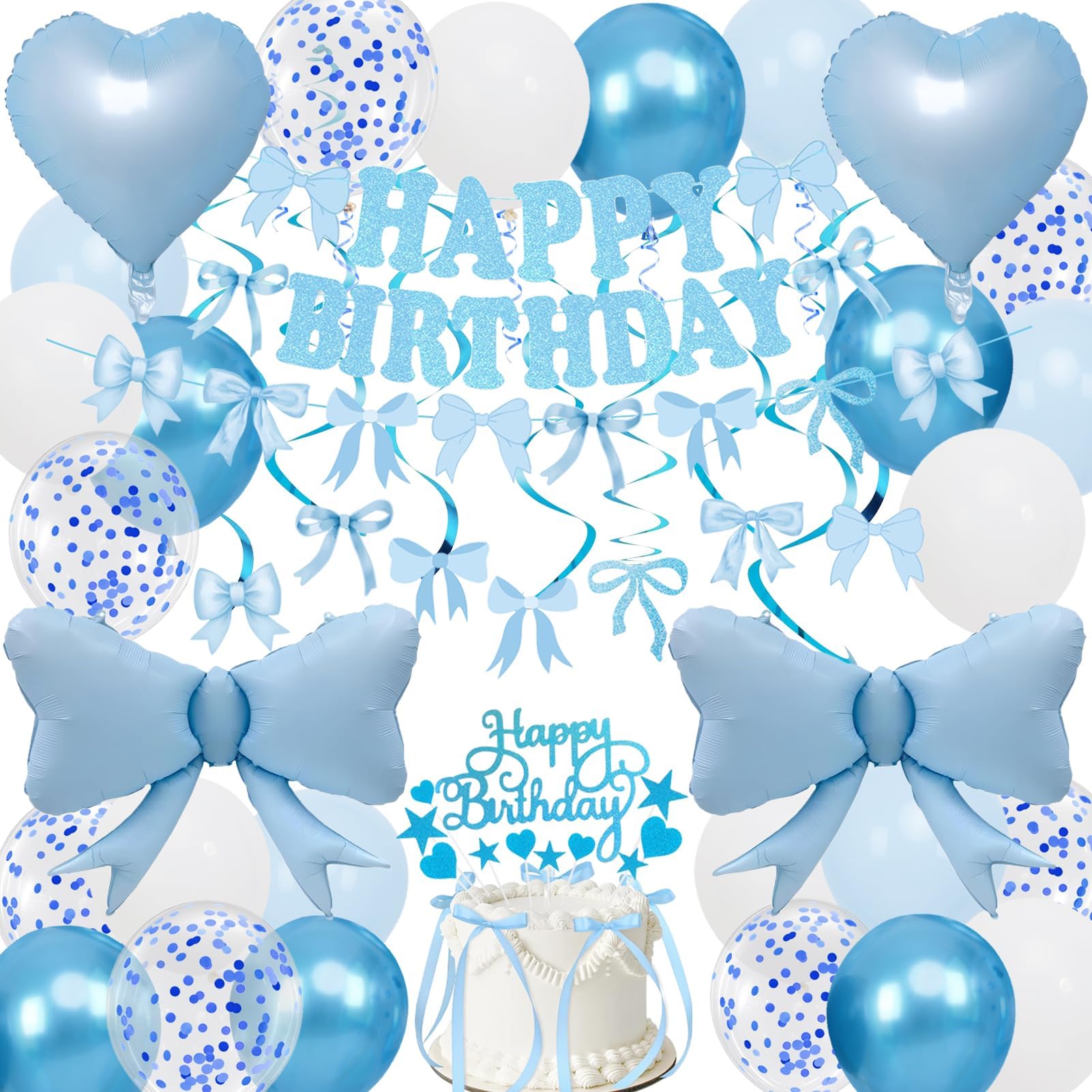 Blue Bow Birthday Decorations, Happy Birthday Banner Garland and Hanging Swirls, 28Pcs Balloons, Cake Toppers, Bow Themed Party Decorations for Girls Women