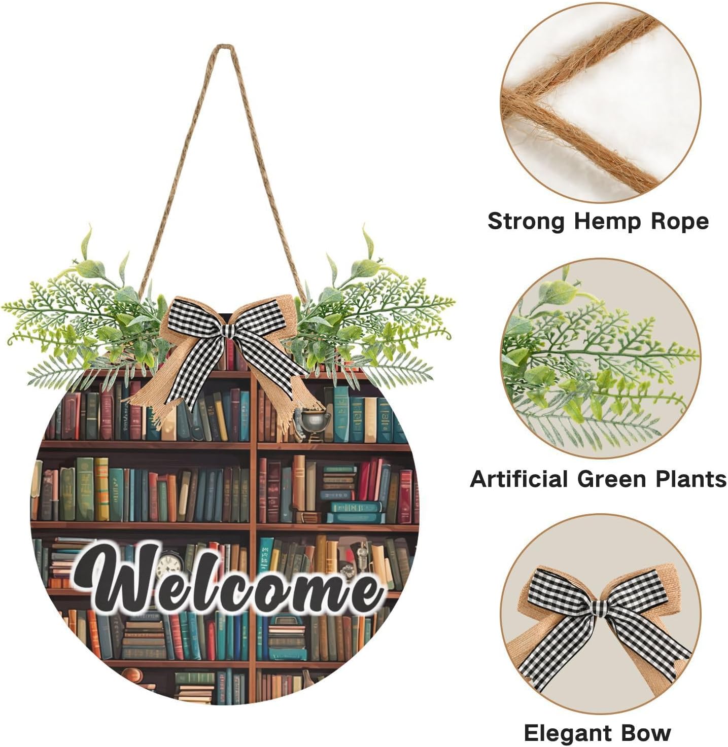 YETTASBIN Welcome Sign Library Bookshelf Front Door Sign, Waterproof Wall Hanging Plaque Decorative Porch Wreath for Housewarming, Farmhouse Yard Garden Home Holiday Decor, 12 x 12 Inch