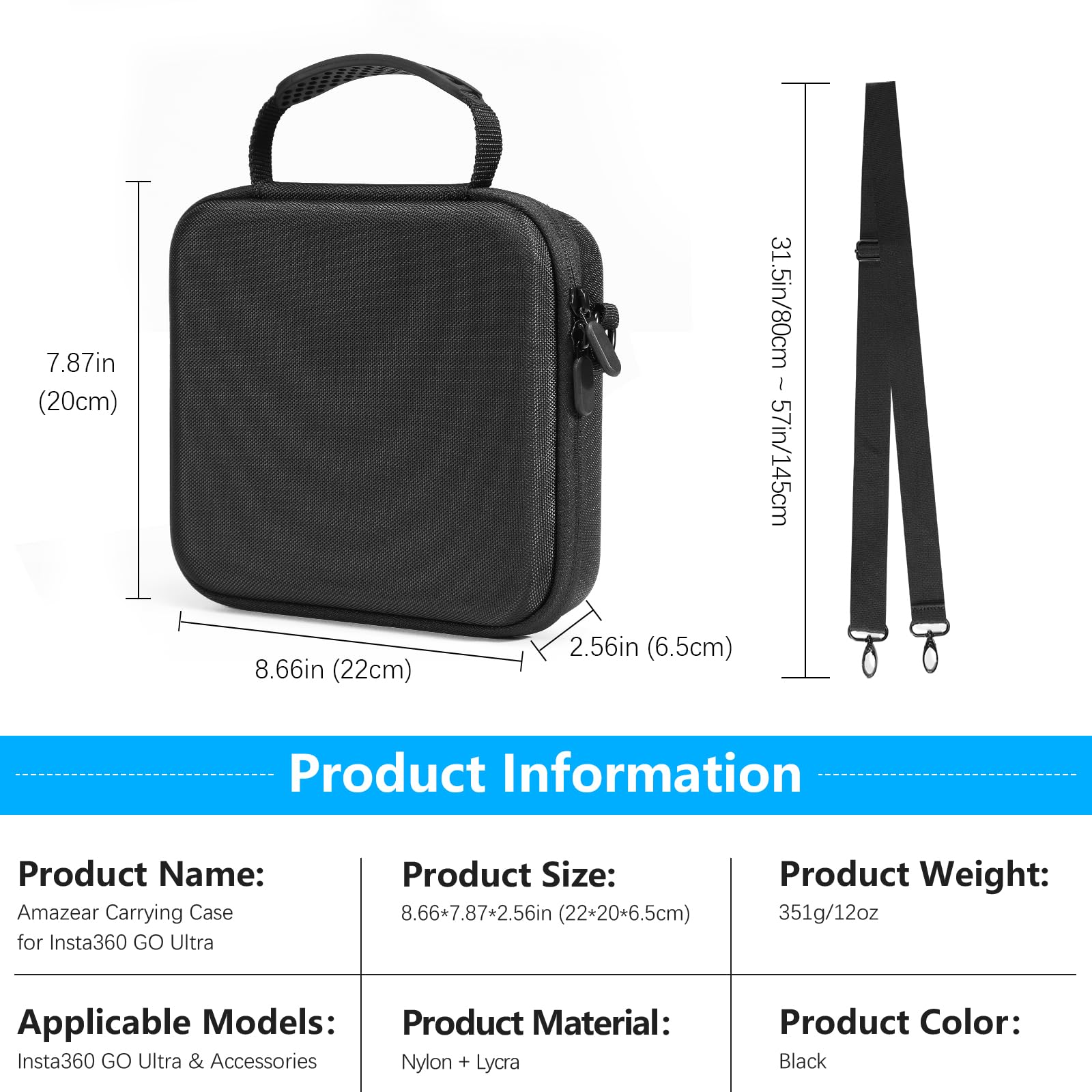 AMAZEAR Tragetasche für Insta360 GO Ultra Zubehör - wasserdichte Reisetasche mit Schultergurt, Hartschale zum Schutz, Organisation und Aufbewahrung,Schwarz