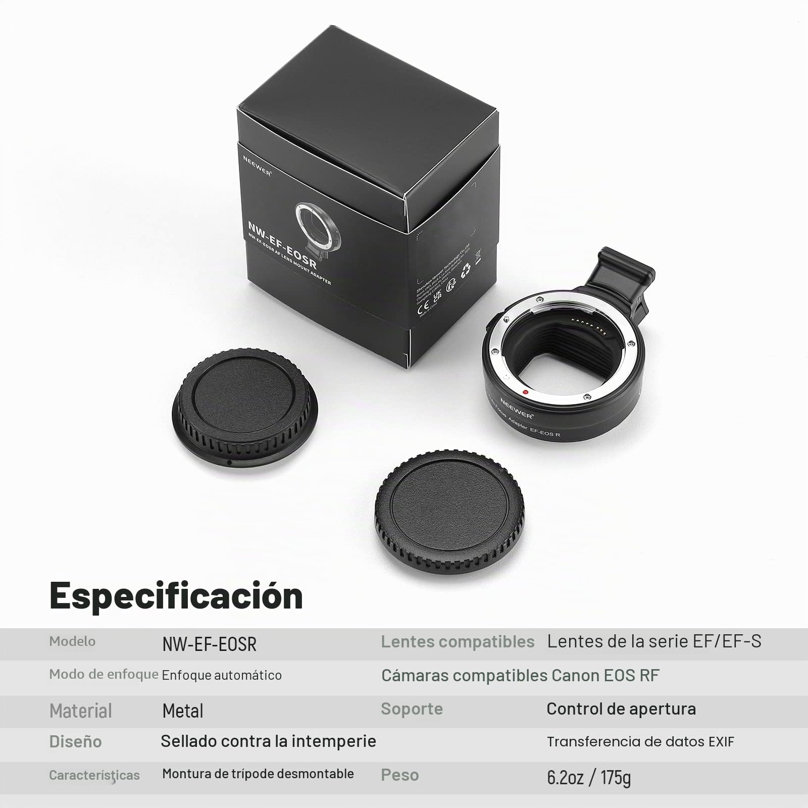 NEEWER Adaptador de Montura EF a EOS R,Lente EF/EF-S Cámara con Montura RF,Anillo Convertidor Autofocus,Compatible con Canon EOS R Ra RP R6 MarkII R6 R5 R3 R7 R10 R8 R50,Carga Máxima:2kg,NW-EF -EOSR