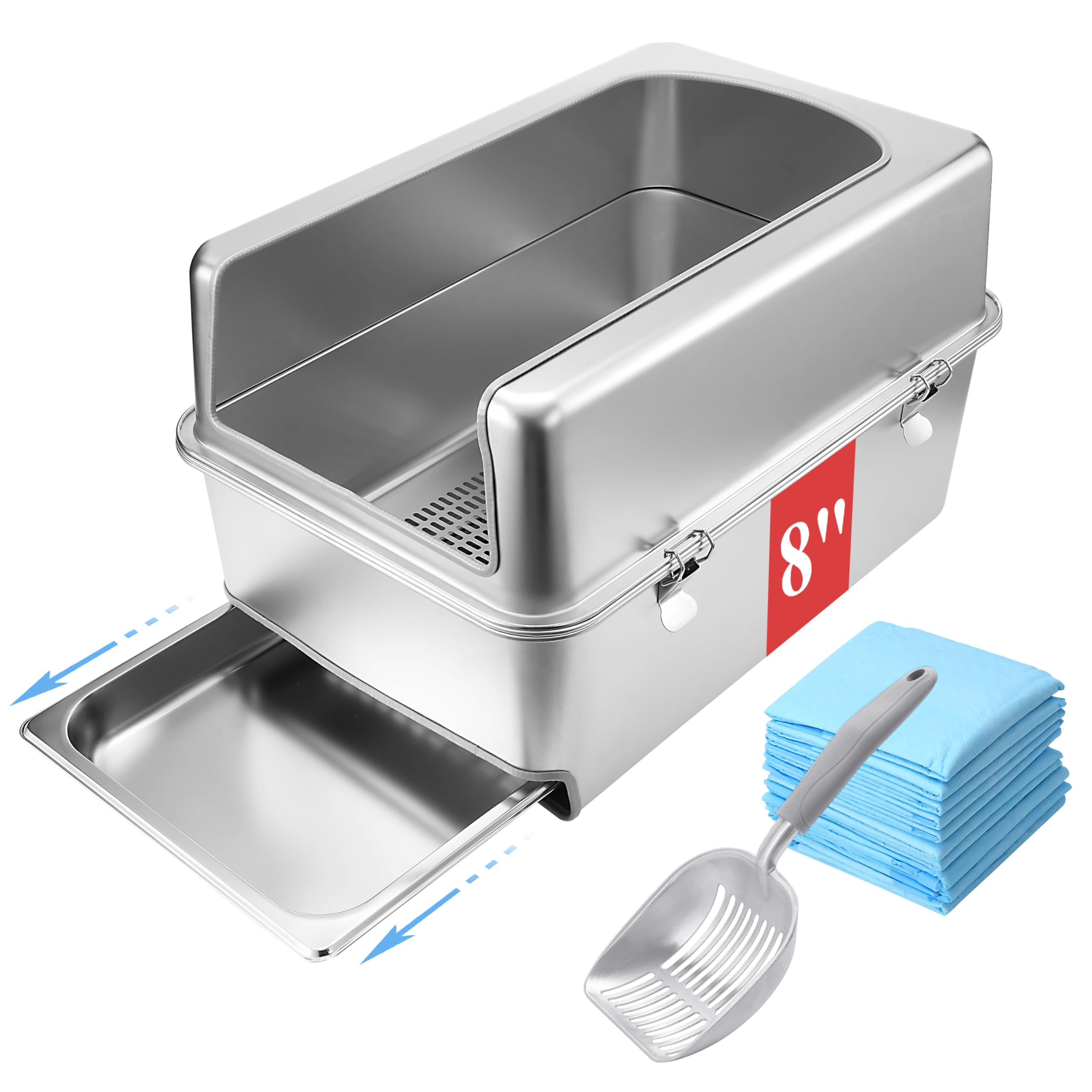 8" Sifting Pull-Out Cat Litter Box with Lid for Pine Pellets