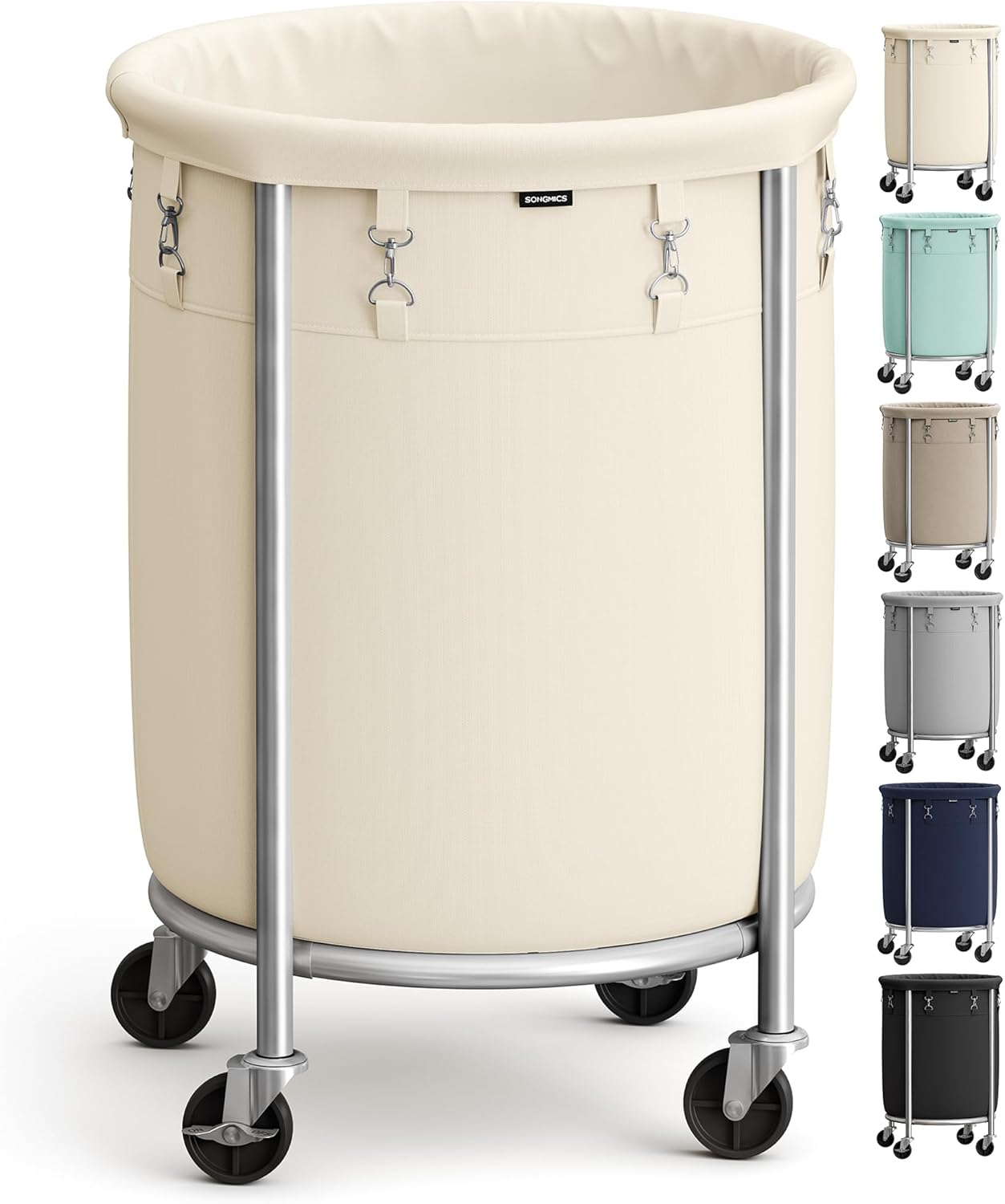 SONGMICS 29-Gallon (110 L) Laundry Basket with Wheels, Rolling Round Heavy-Duty Laundry Hamper Cart with Steel Frame and Removable Bag, 2 Locking Wheels, Cream White and Metallic Silver URLS002W01 Cream White + Metallic Silver 110 L (1-Section)