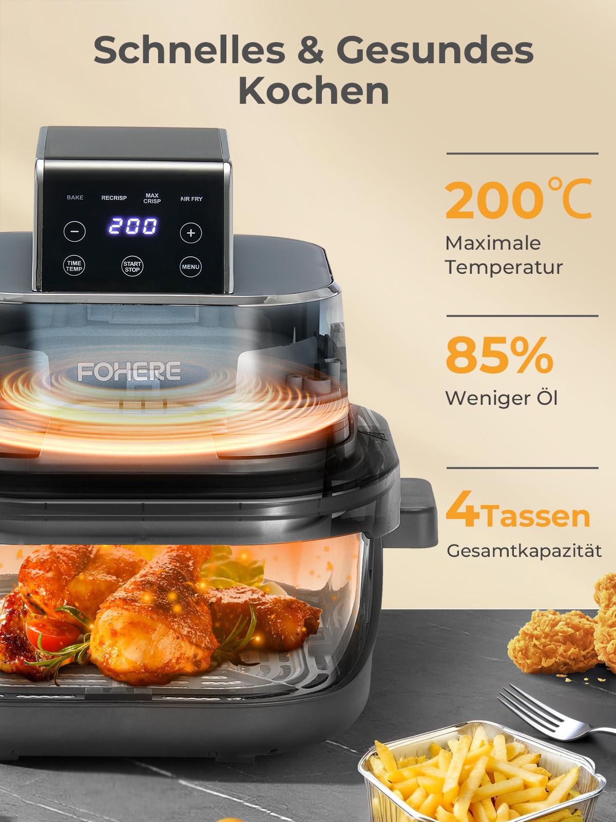 FOHERE 4L Tragbare Air fryer Heißluftfritteuse, 2 Glasbehälter, Blau, 1500W | 4-in-1: Heißluftfrittieren, Backen, Recrisp, Max Crisp. 1,5L Zusatzbehälter, spülmaschinenfest, 6 Portionen, tragbar