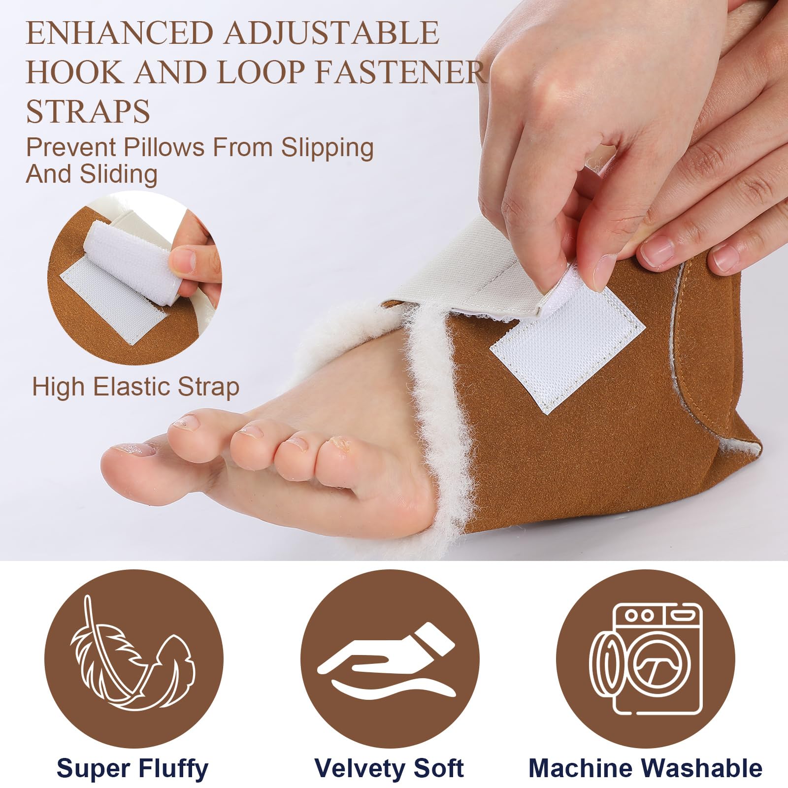 Fersenschutz für Stiefel, Schaffell, weiche Fußpolster mit Sicherungsriemen zum Schutz der Füße, Knöcheldruck, Bettwunden, 2 Paar (Beige, Braun)