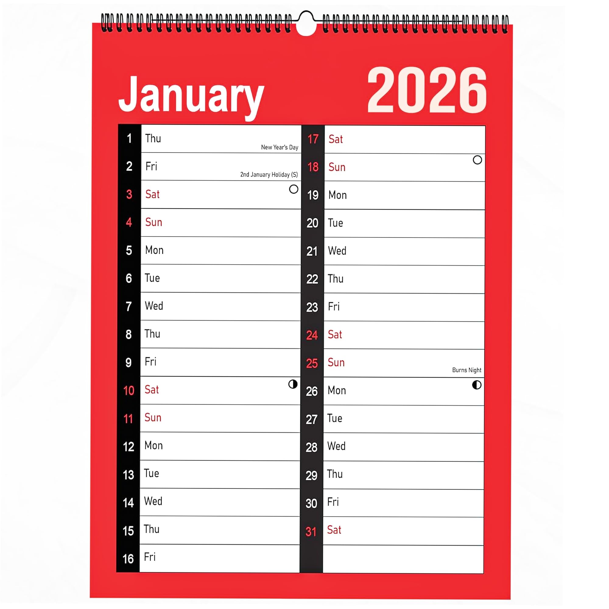 2026 Calendar A4 Large 2 Column Month To View Spiral Bound Wall Planner for Home Business Office School 1 January 2026 to 31 December 2026 - Hanging Monthly Organiser With Holiday Notable Dates