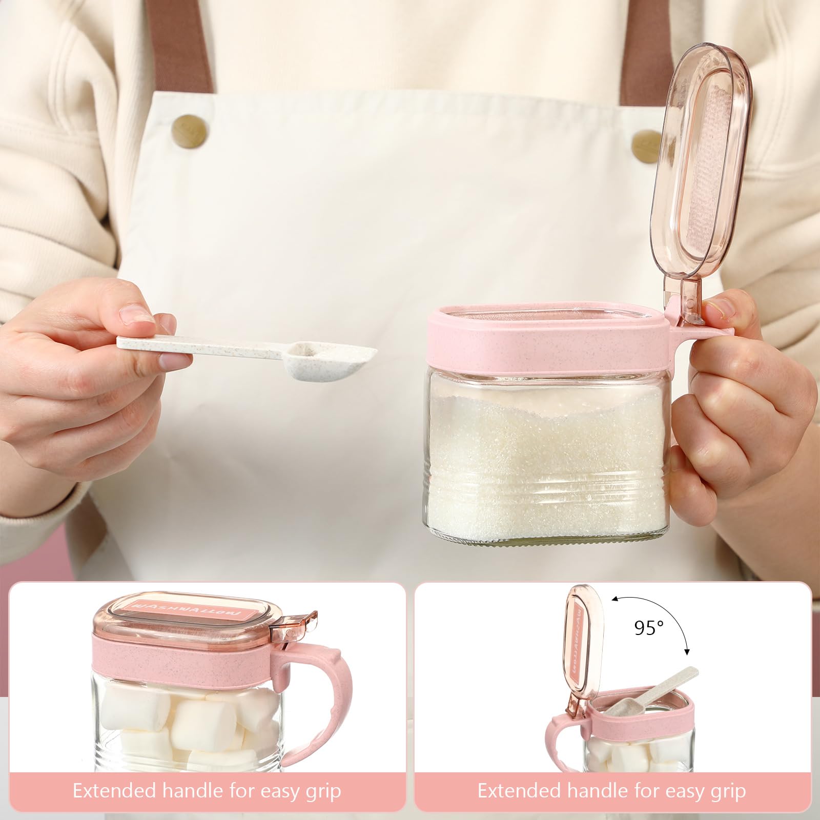 Suclain Juego de 3 tarros de condimentos de vidrio rosa para especias de cocina con base para granos de café y azúcar con etiquetas adhesivas, juego de tarros de café y azúcar de vidrio rosa con