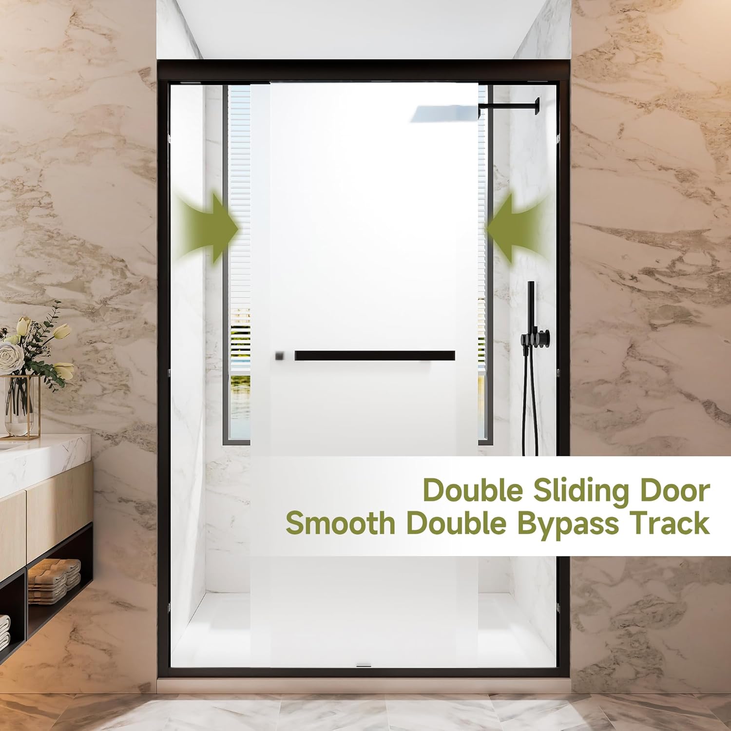44-48" W x 72" H Frosted Glass Shower Door with 1/4" (6mm) Thick Tempered Glass and Nano-Coated, Double Sliding Shower Door in Matte Black Aluminum Frame