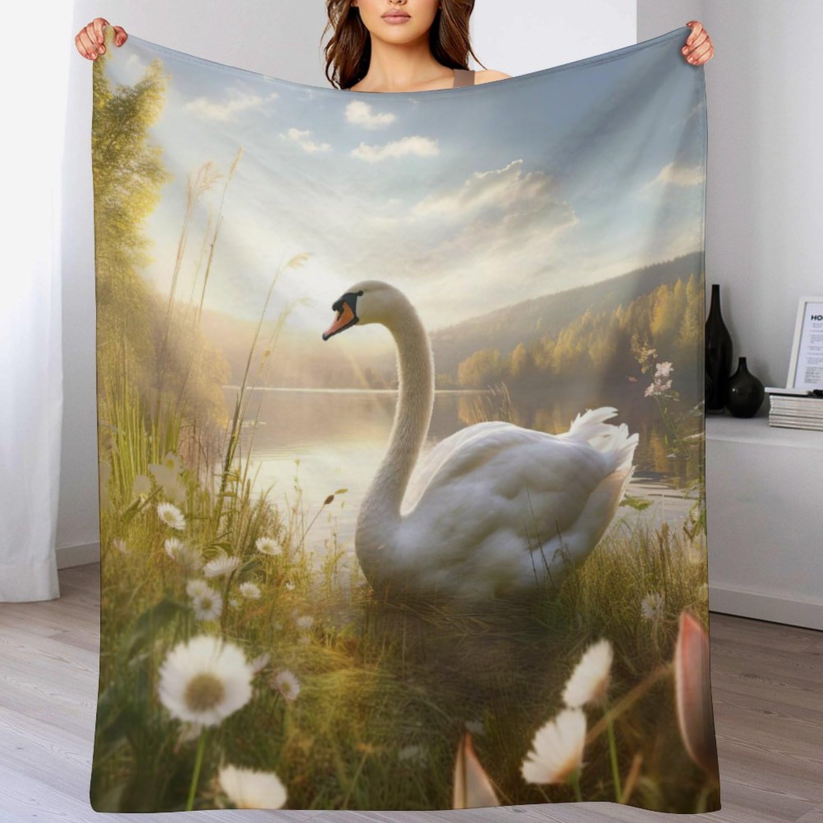 Couverture en flannel épaisse motif cygne, jeté de lit moelleux haute densité