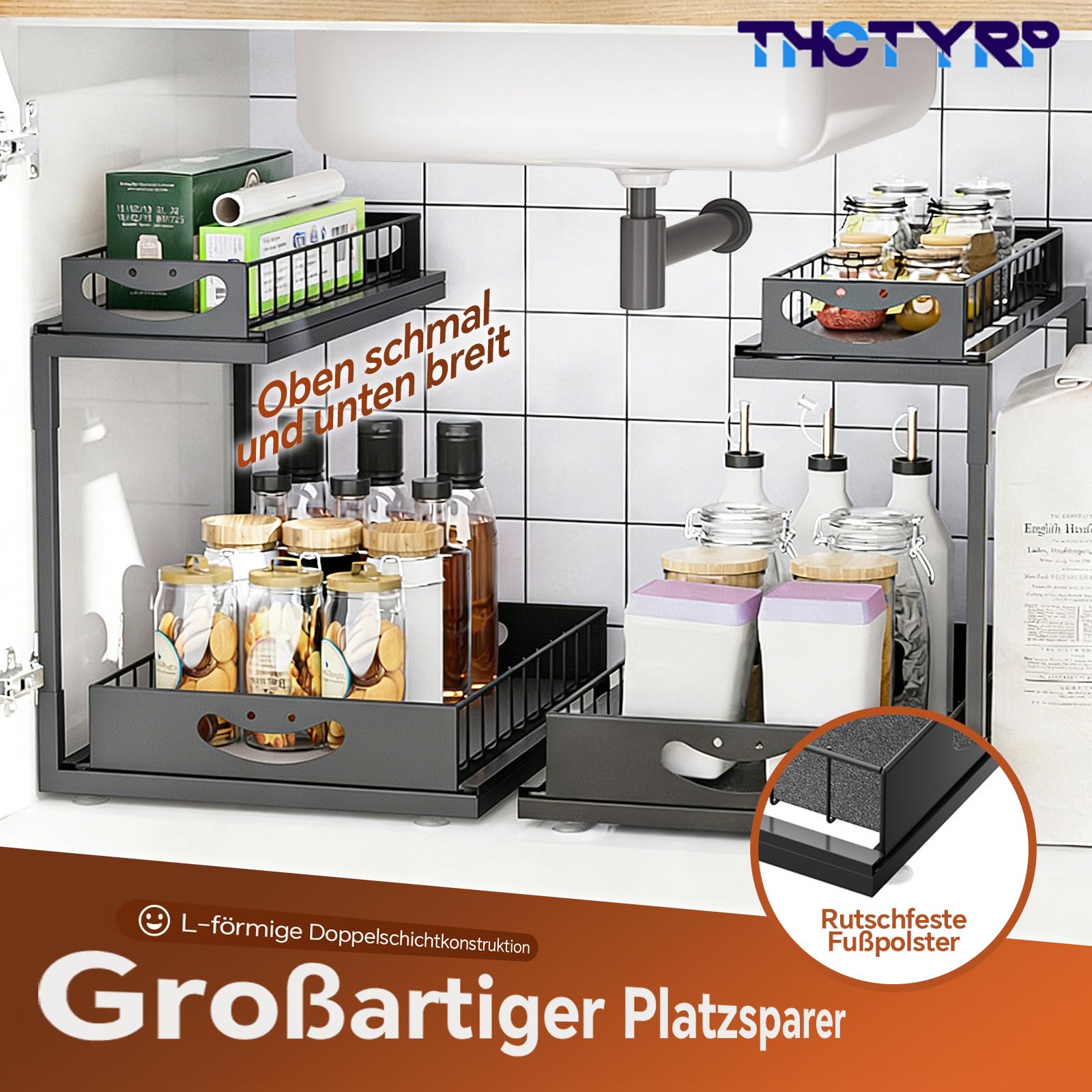 Ausziehbares Metall-Regal, 2 Ebenen, Unter Waschbecken & Spüle, Organizer für Küchen- und Badezimmerschränke（Schwarz）