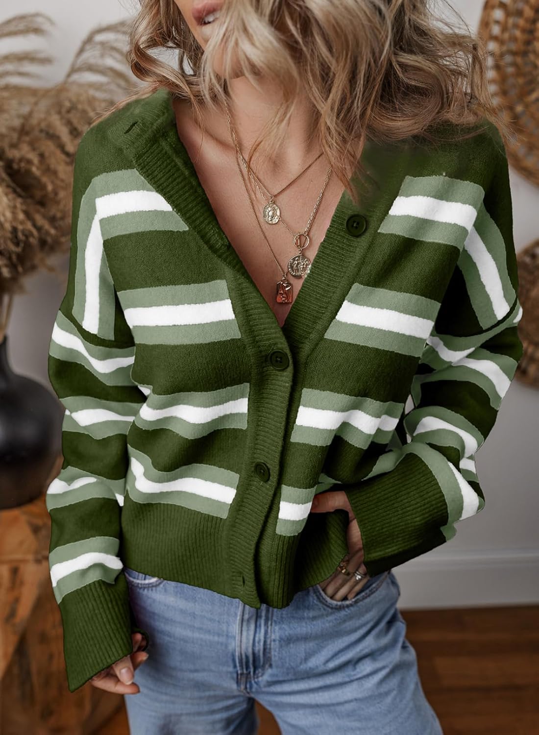 EVALESS Women's Striped Cardigan Sweaters Trendy Lightweight Chunky Knit Cropped Sweaters Outfits Outerwear Coats - Image 4