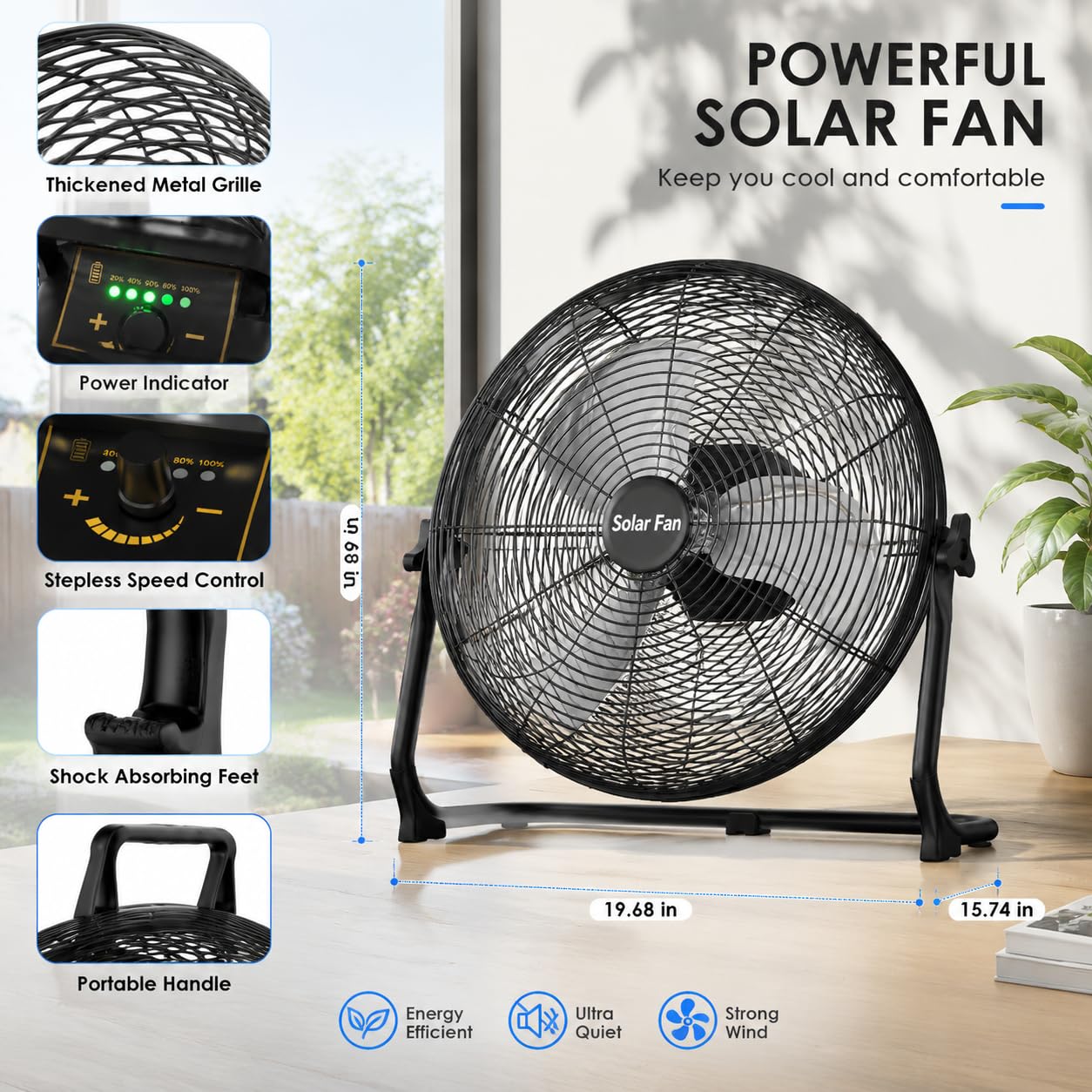 Solarbetriebener Ventilator – 40,6 cm hohe Geschwindigkeit, wiederaufladbarer, kabelloser Bodenventilator mit 60-Stunden-Batterie, Solarpanel/AC-Ladung, tragbarer Outdoor-Metall-Industrieventilator