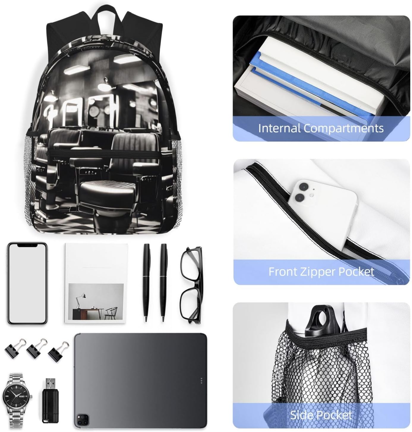 Barber Shop Monochrome Style Backpack Large Sports Bag, Best for Basketball, Soccer, Volleyball, Swim, Gym, Travel