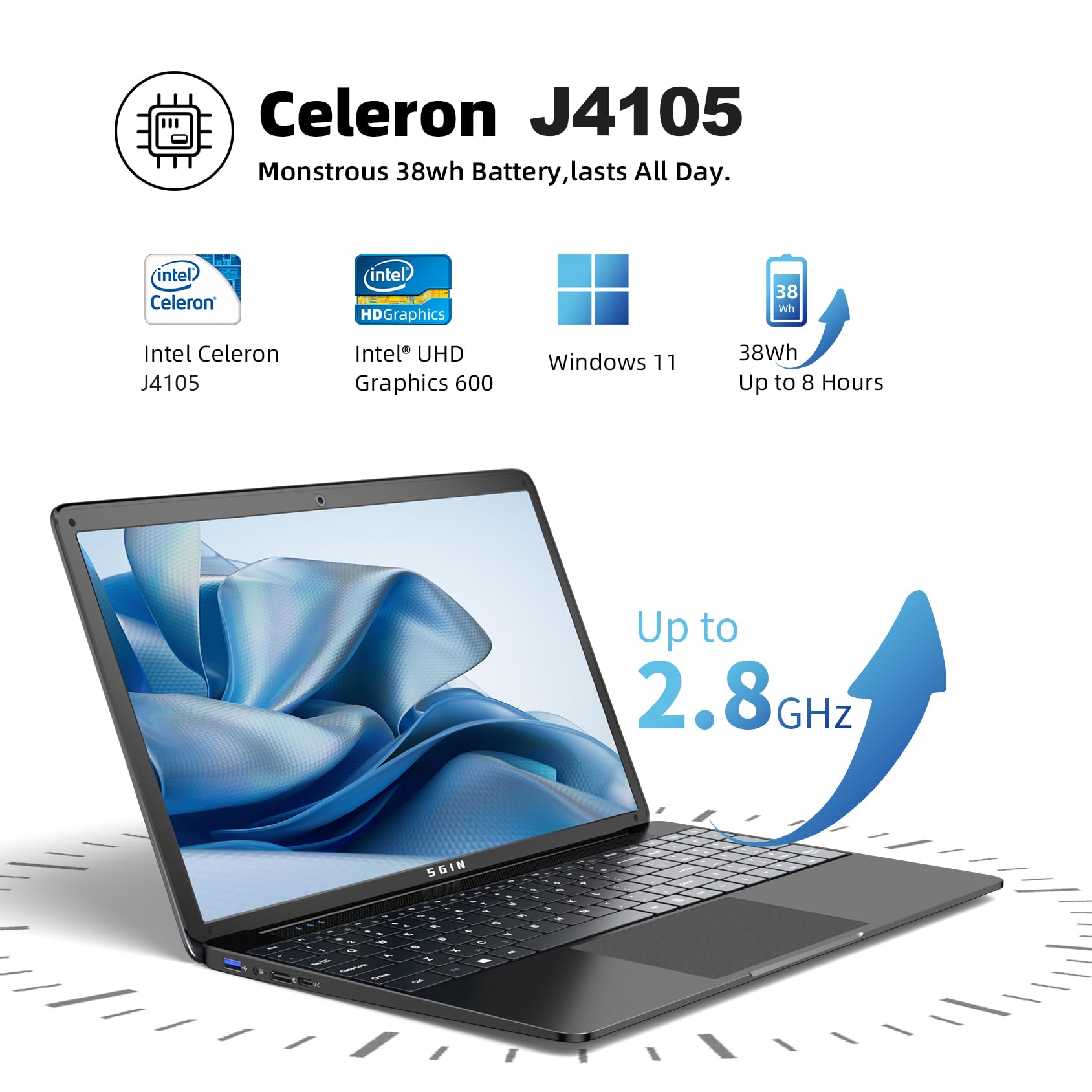 SGIN Laptop 15.6" 8GB RAM 256GB SSD Notebook Celeron Quad-Core 1366x768 2.4/5.0G WiFi Bluetooth 4.2 Memoria espandibile 512GB TF