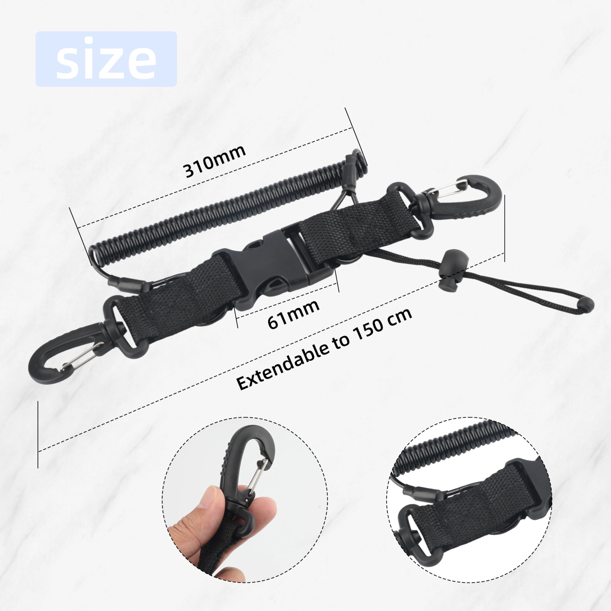 Lot de 2 cordons spiralés pour appareil photo de plongée - Accessoires de plongée avec mousqueton - Noir - Rétractables - Convient pour caméra sous-marine, Noir , 31x3cm