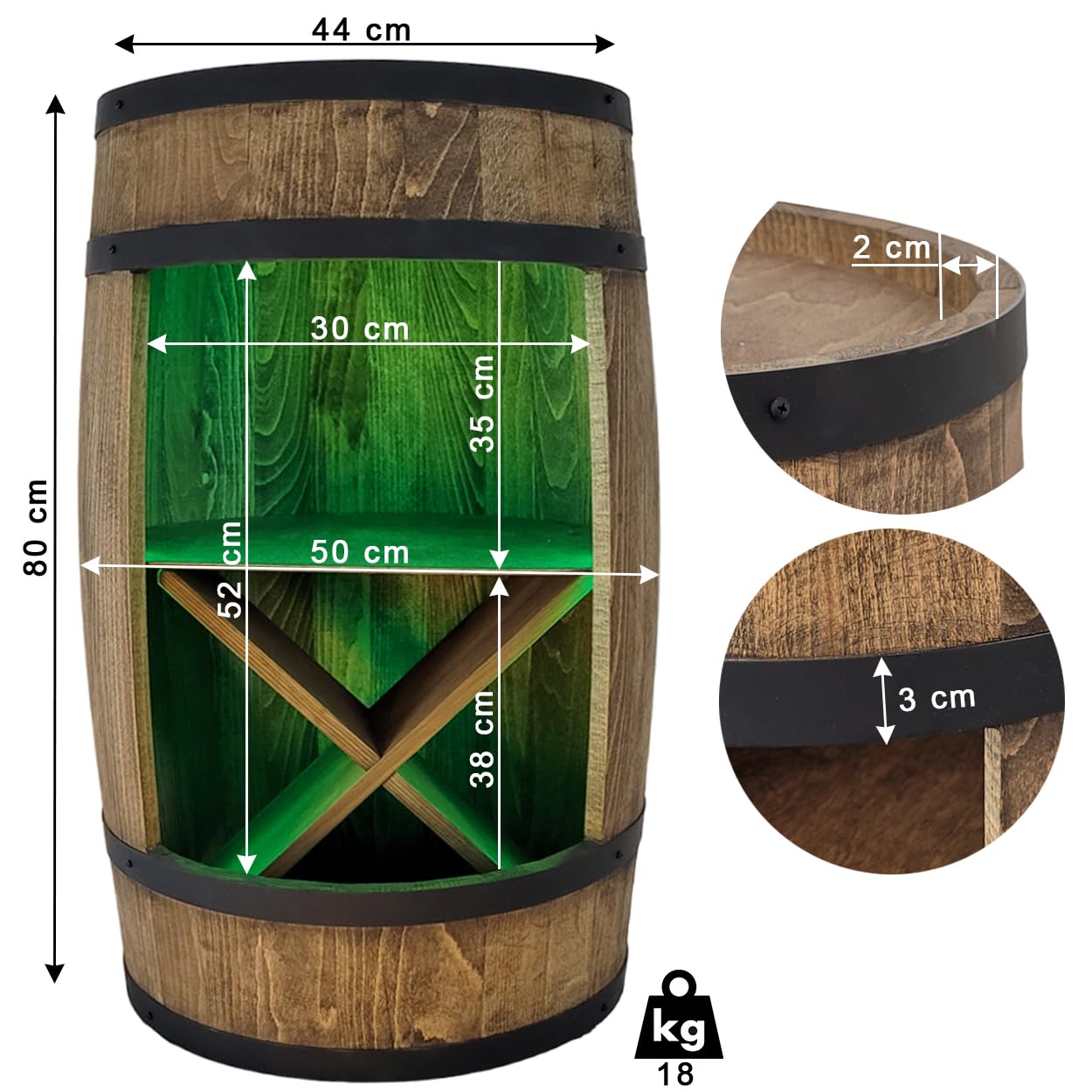 WEECO Mobiletto bar, barile in legno con illuminazione a LED RGB e un portavini. Mobile bar a forma di botte. Armadietto con ripianoper vini whisky birra, botte tavolo, Vino bar Grappa 80x50cm (wengé)