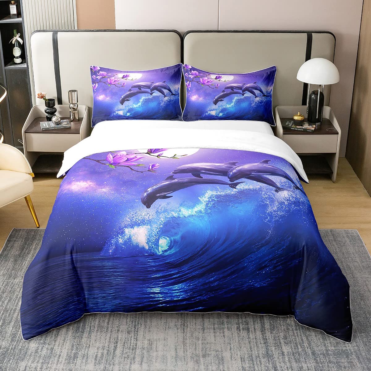 Galaxy Dolphin 100% Waschen Baumwolle Bettbezug 135x200 Coastal Ozean Waves Bettwäsche Set Lila Kirschblüten Meer Tier Tröster Bezug für Kinder Jungen Mond Himmel Starry Steppdeckenbezug Blau