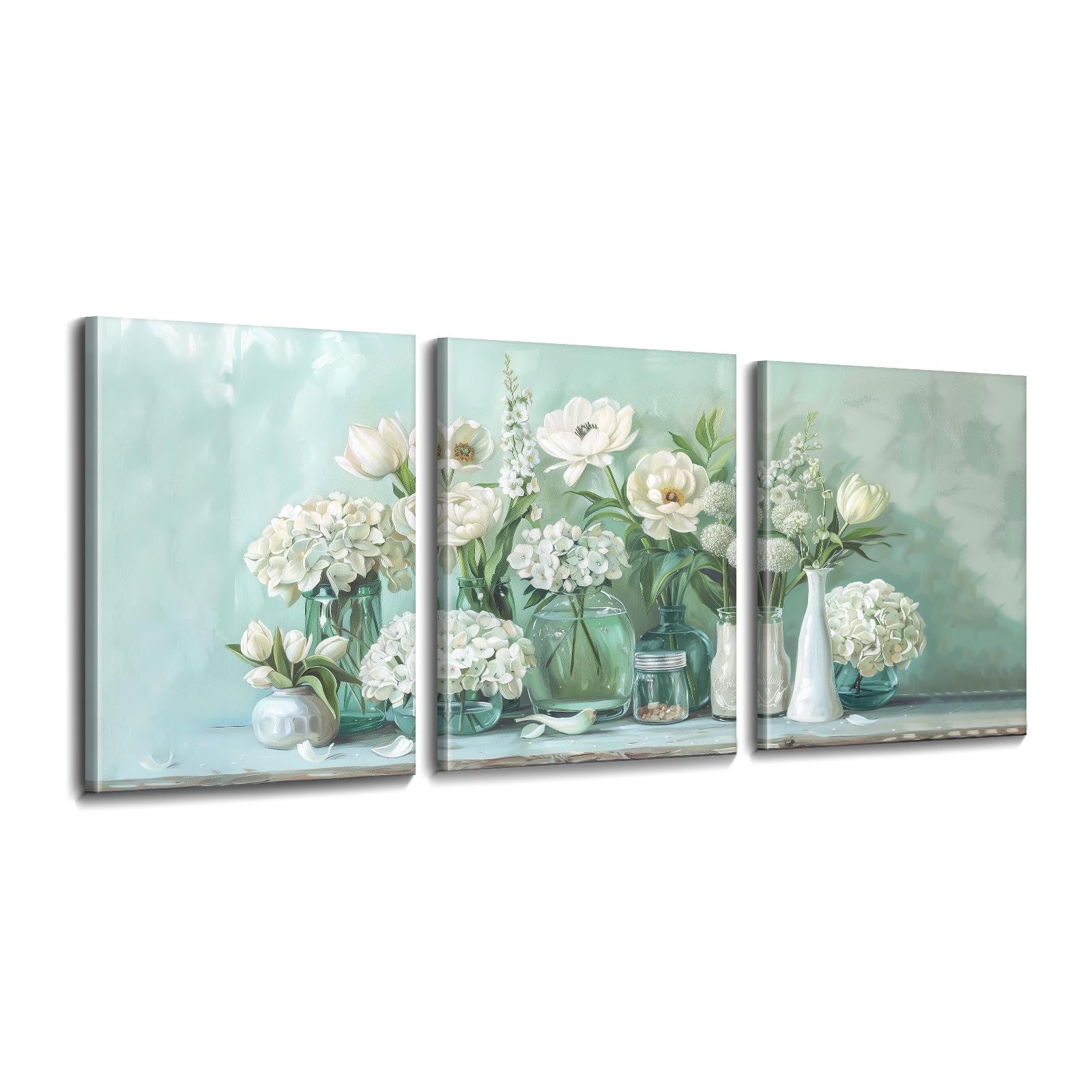 OLUNMILA Flower Wall Art 3 Pieces Hydrangea and Peony Vase Canvas Prints Bouquets Floral Poster Painting Botanical Bathroom Decor for Living Room
