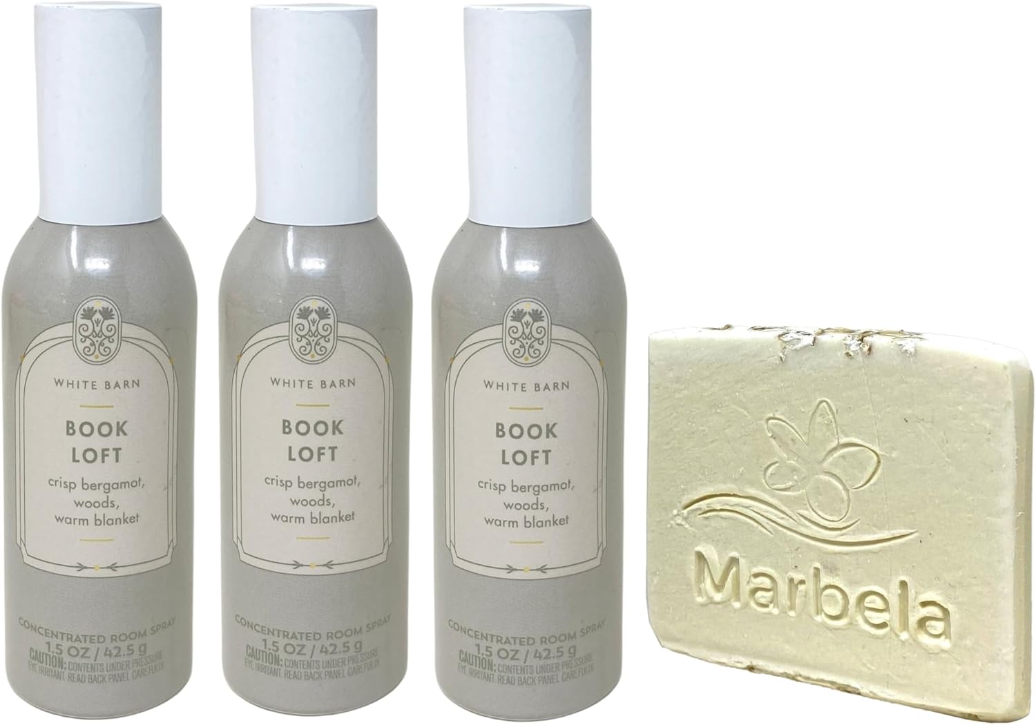 Bath & Body Works Book Loft - 3 Pack Of Concentrated Room Spray with a Marbela Natural Oats Sample Soap.