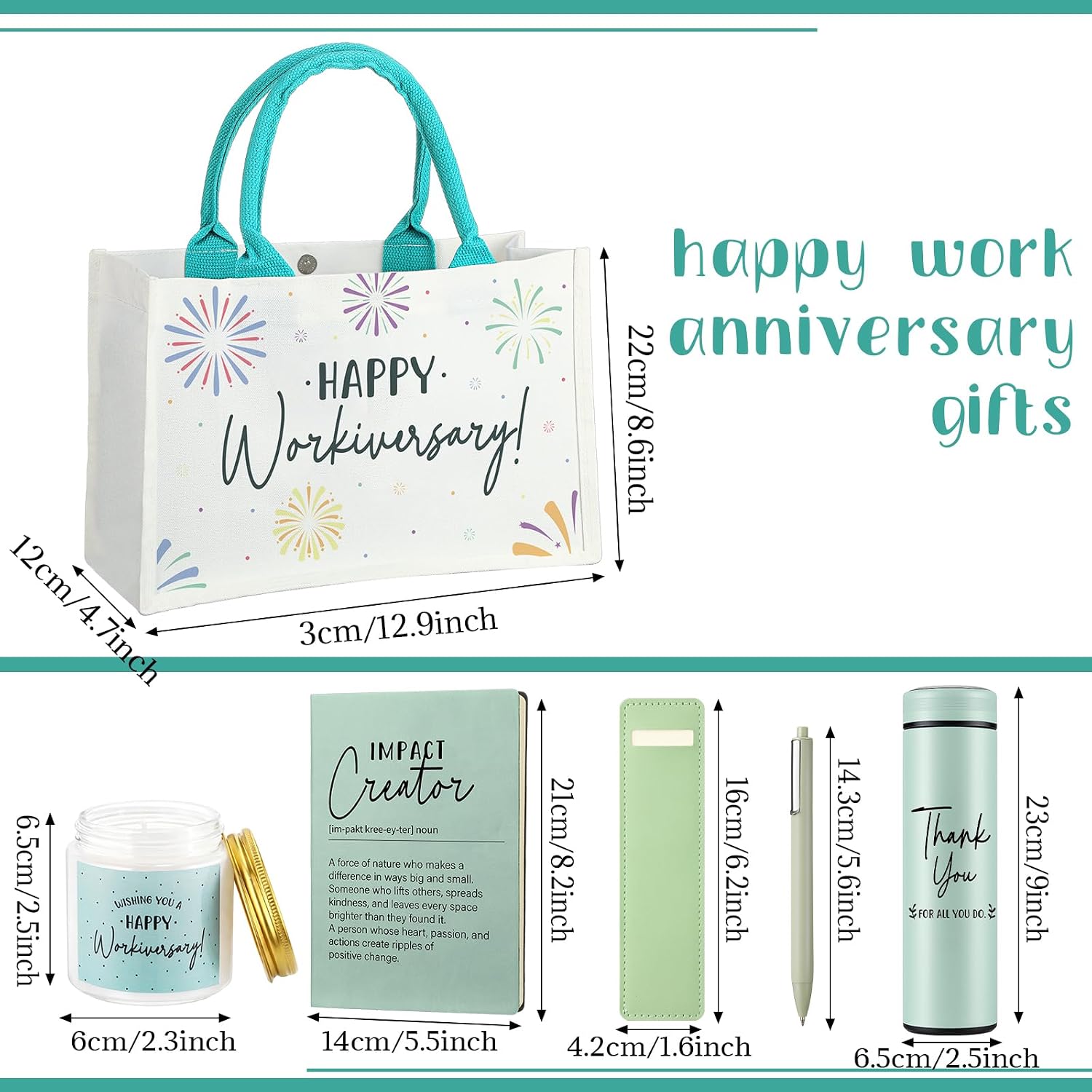 Thenshop 6 Pcs Happy Workiversary Gifts Set for Men Women Employee Appreciation Gifts Include Tumbler Leather Notebook Pen Tote Bag Scented Candle for Office Coworker Employee(Sage Green)