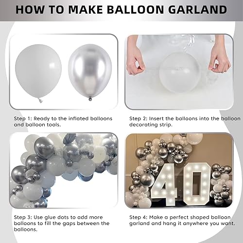 Miniatura 8 de Kit de guirnalda de globos plateados y blancos, kit de arco de globos metálicos plateados y blancos, globos de látex de helio de diferentes tamaños
