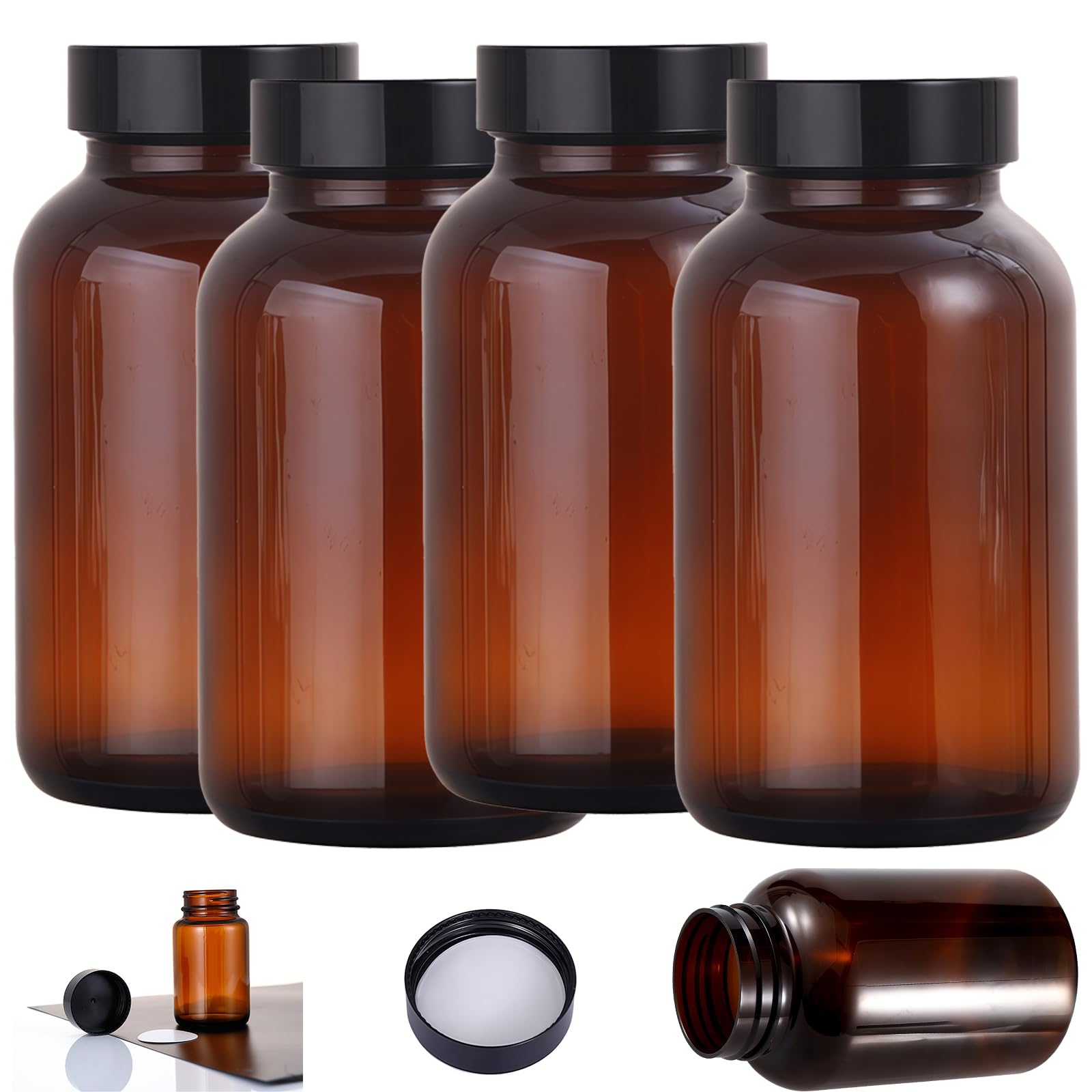 Ksnowqi 4 Stück Vorratsdosen Glas Set, 500ml Braunglüser mit Deckel und Schraubverschluss, Braunglasflaschen mit Etiketten für Aufbewahrung Gewürze, Nüsse