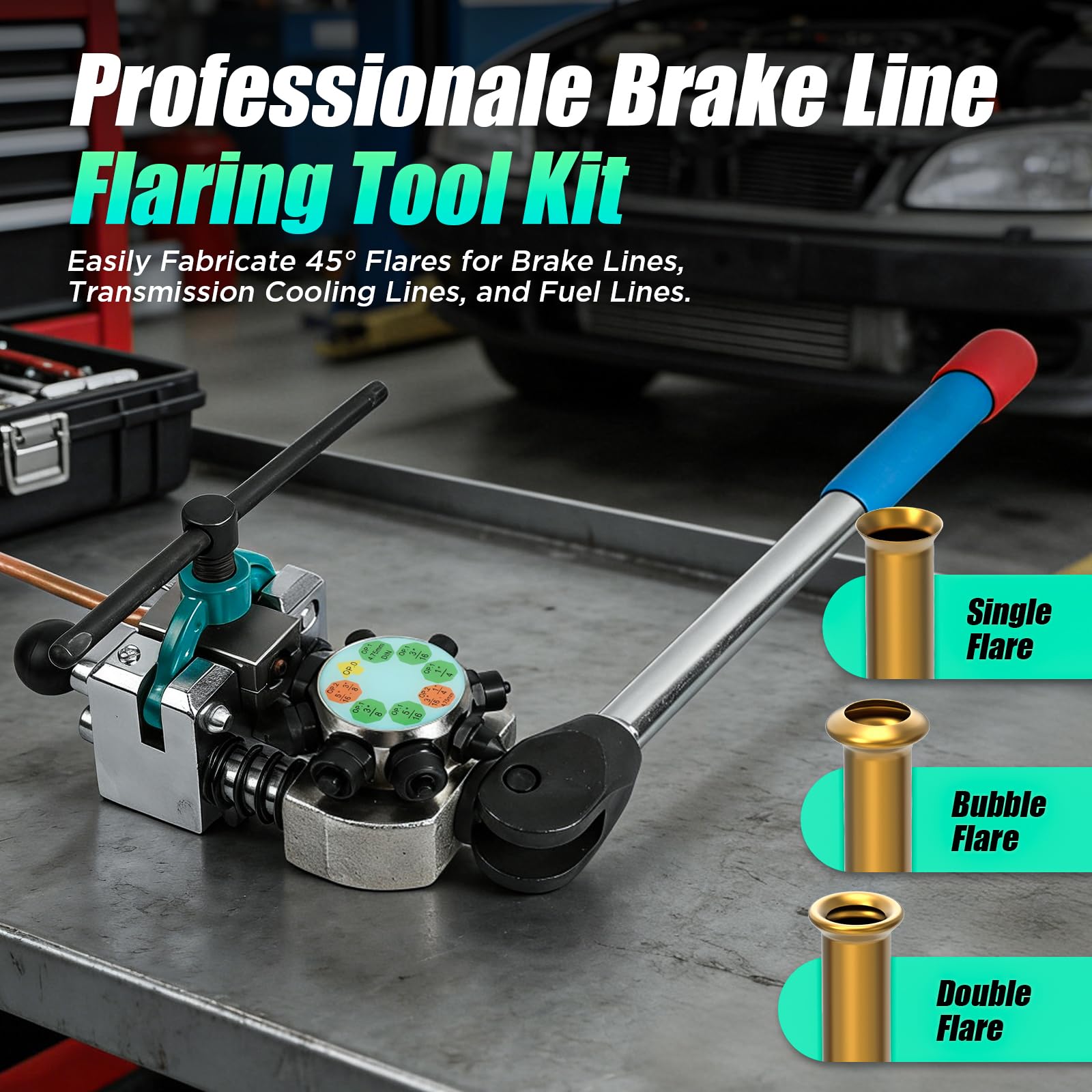 KAISAL Brake Line Flaring Tool Kit, 45 Degree Single, Bubble and Double Flares Brake Pipe Flaring Tool for 3/16", 1/4", 5/16", 3/8" and 4.75mm Tubing, Brake Repair Flaring Tool
