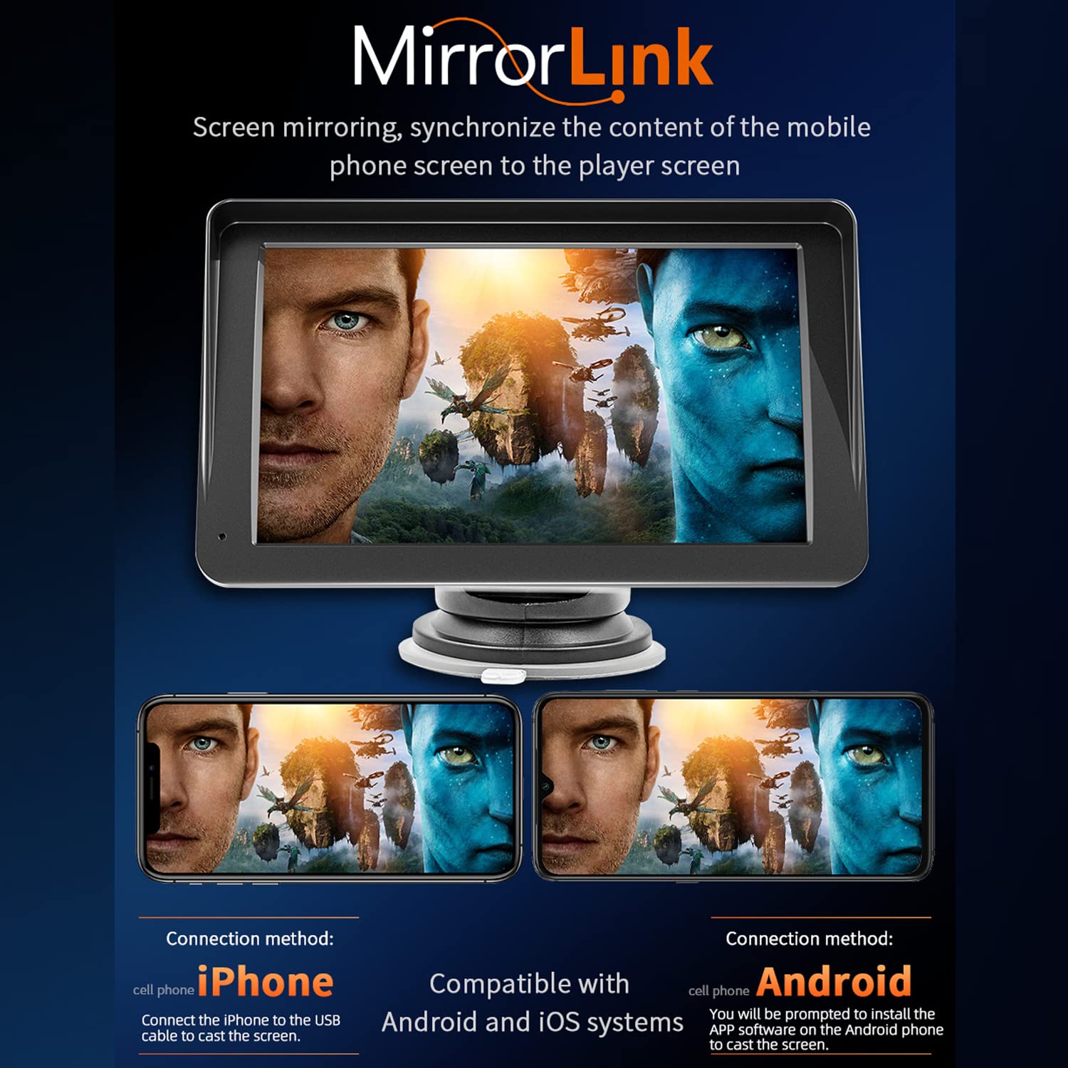 Schermo tattile Portatile Wireless Carplayer e Android Auto, Autoradio da 7 Pollici con Mirror Link/Bluetooth/Trasmettitore FM/USB/TF/Telecomando