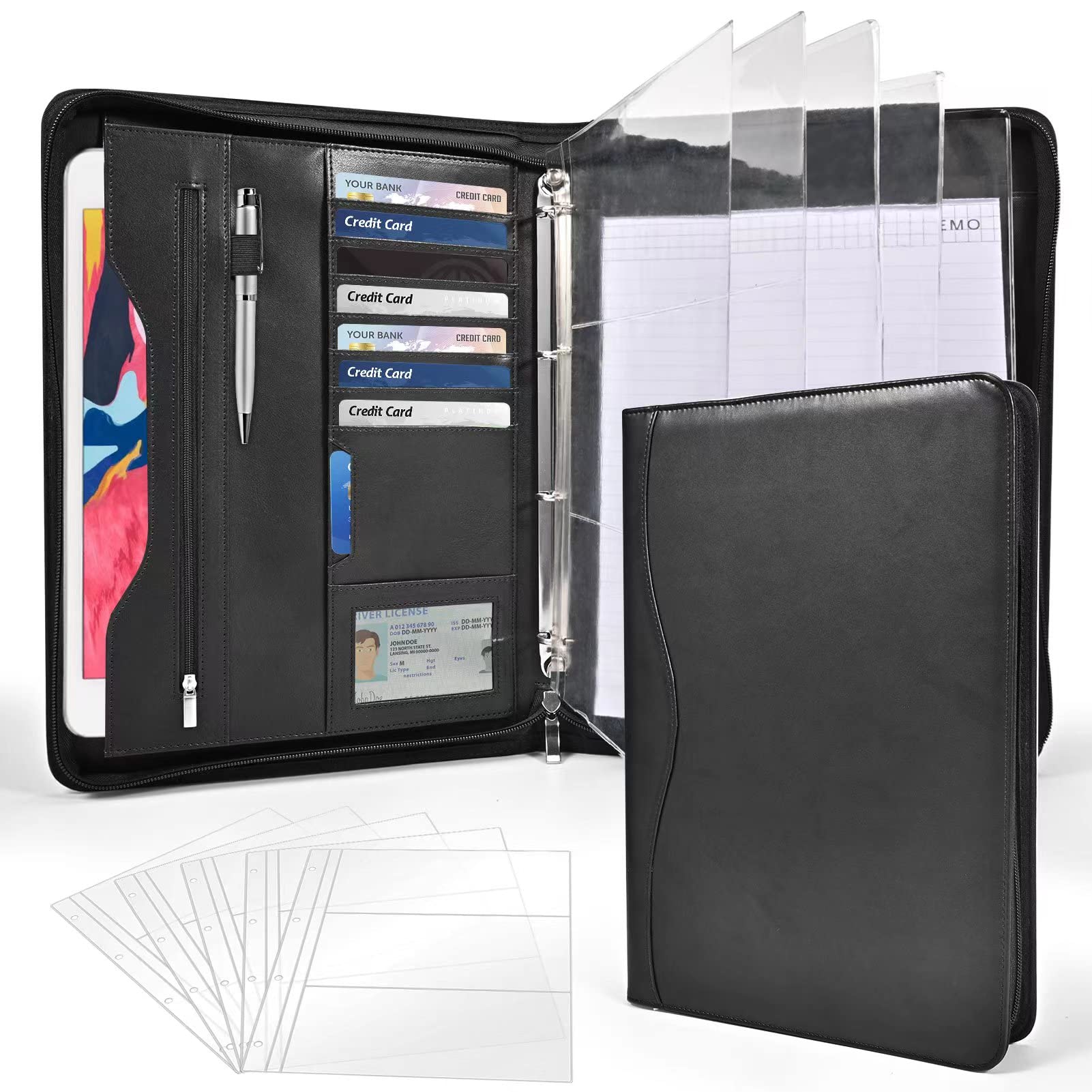 Porte-documents organiseur d'affaires et carnet de notes à anneaux amovibles, classeurs à fermeture éclair pour homme et femme (noir)