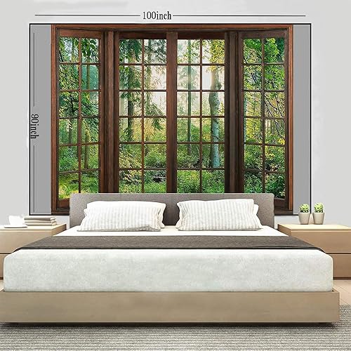 Miniatura 6 de Aidatain Tapiz Natural de Bosque Verde Paisaje de Ventana Tapiz Estético de Pared para Dormitorio Franela 100" L x 90" A Manta de Playa Sala de