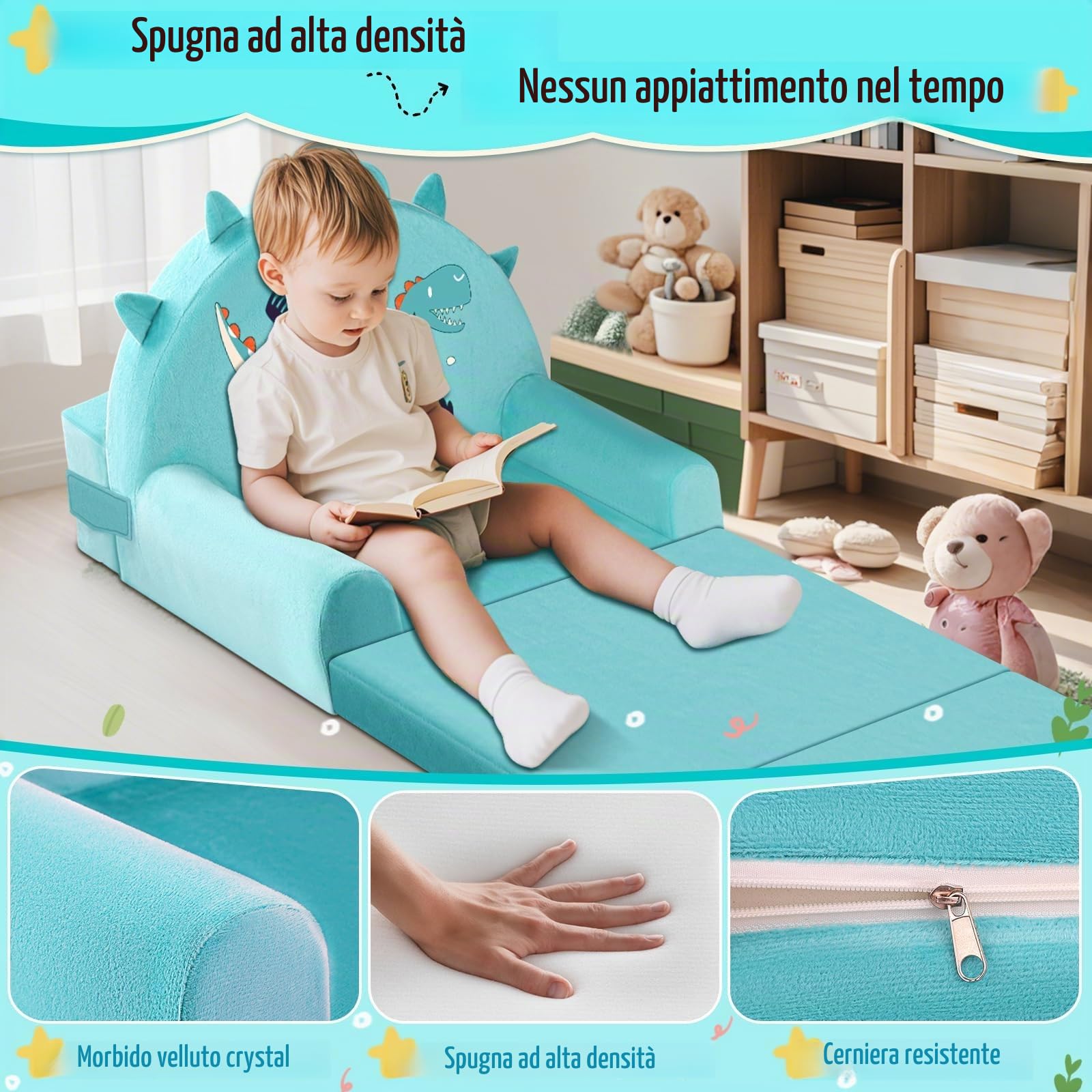 Divano per bambini dinosauro, sedia pieghevole 2 in 1, 150cm morbido divano in velluto cristallo per bambini piccoli per camera da letto, soggiorno