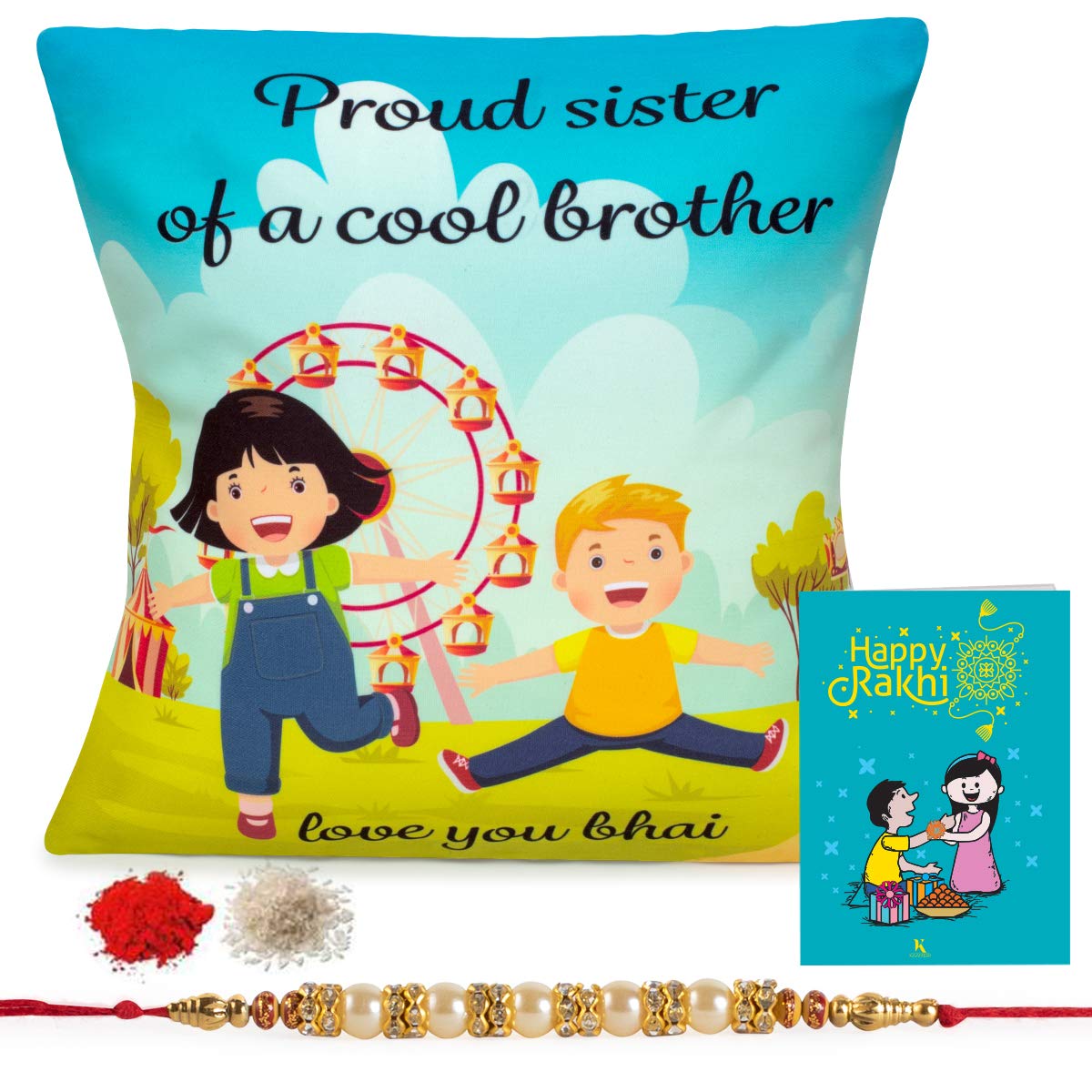 Kaameri Bazaar Rakhi Gift for Brother, Proud Sister of a Cool Brother Quote Printed Cushion with Filler, Rakhi for Brother, Roli & Greeting Card - Rakshabandhan Gifts for Brother bhai Men