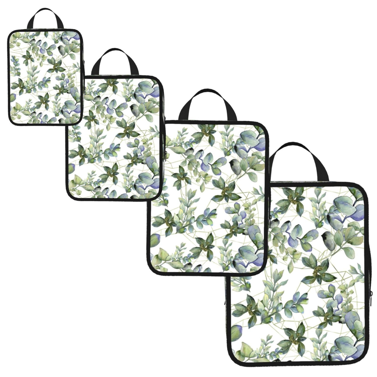 Green Eucalyptus Leaves Print 4 Set Compression Packing Cubes for Suitcases,Expandable Storage Bag Organizers