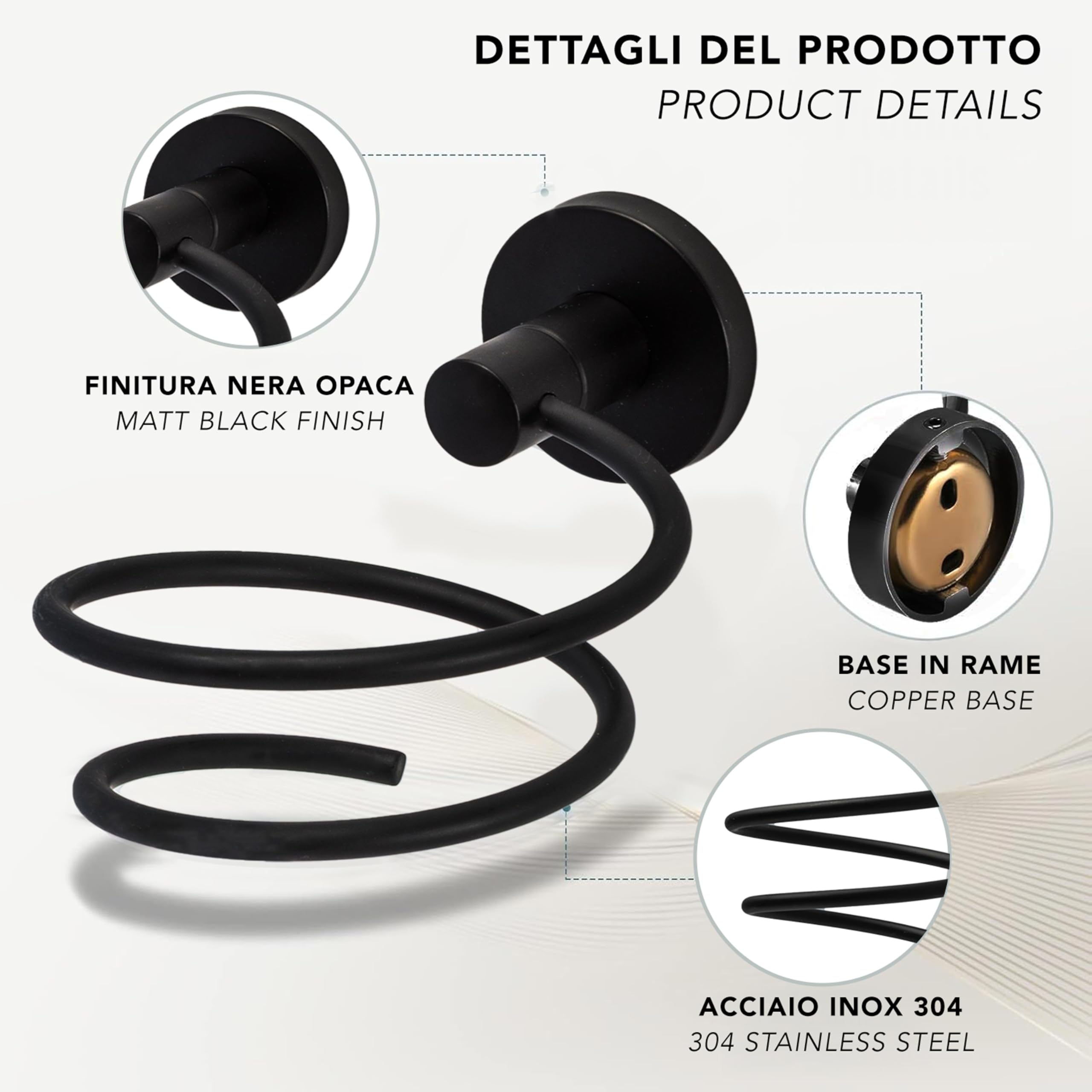 IPEA Porta Asciugacapelli Autodesivo da Parete - NON NECESSITA FORATURA - Design Moderno - Elegante Porta Phon Adesivo da Muro per Phon da Incollare in Bagno e Casa - Supporto