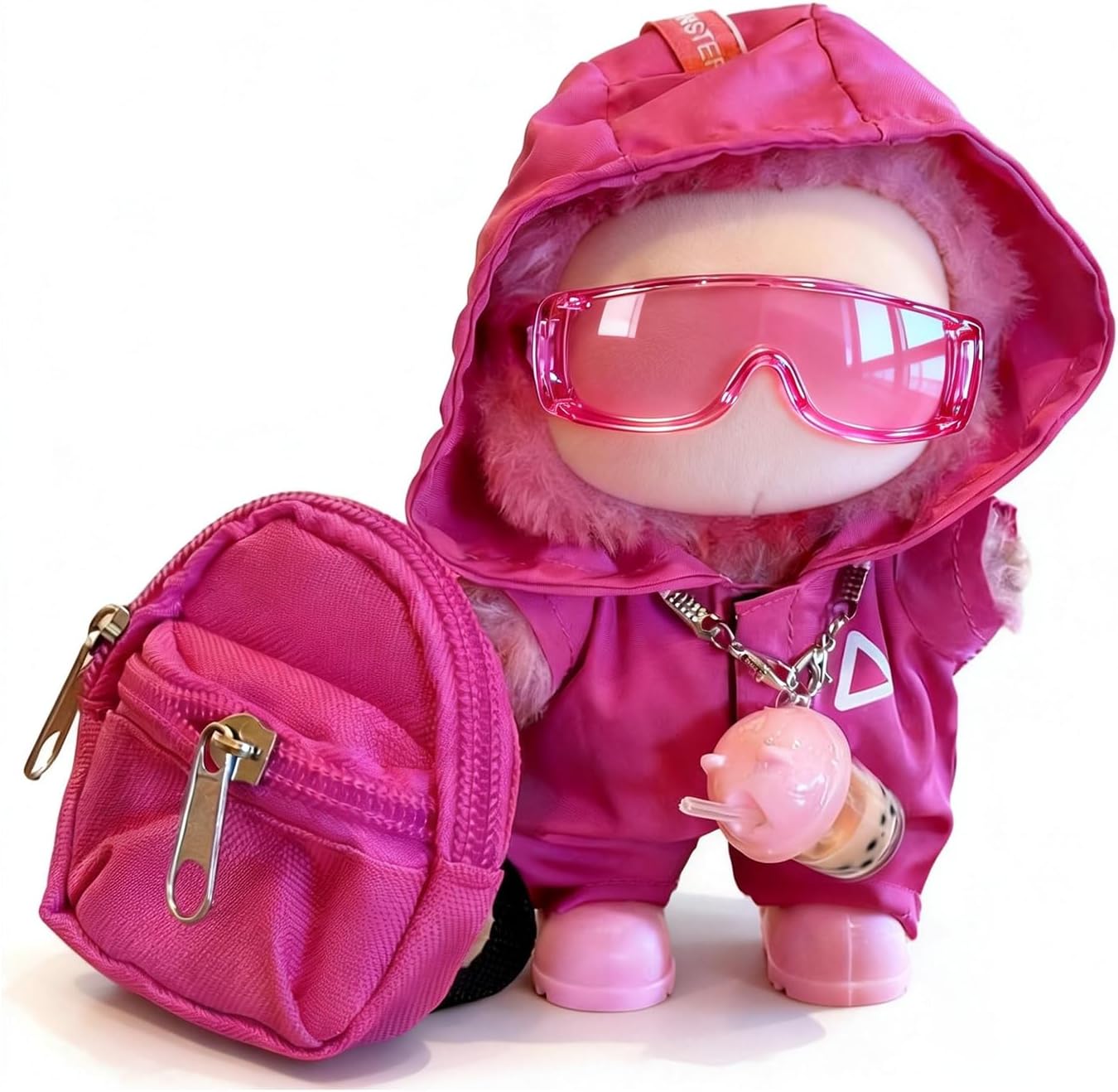 Doll Clothes for LABUBU – Hot Pink Windbreaker 4-Piece Outfit Set | Adorable 17cm Doll Clothes with Hooded Jacket, Glasses, Bag & Shoes | Complete Fashion Accessory Set (Doll Not Included)