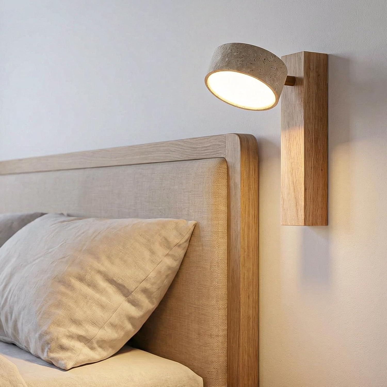 Natural Travertine Wall Sconce, 1-Light Solid Wood Japandi Bathroom Vanity Light, Organic Modern Minimalist Stone Bedside Reading Lamp for Powder Room, Hallway & Mirror Side