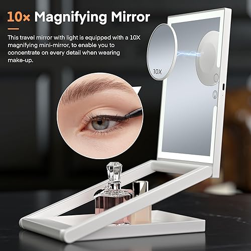 Miniatura 5 de Espejo de maquillaje con luces, espejo de maquillaje iluminado con aumento de 10X, espejo de viaje plegable, espejo de altura ajustable, iluminación