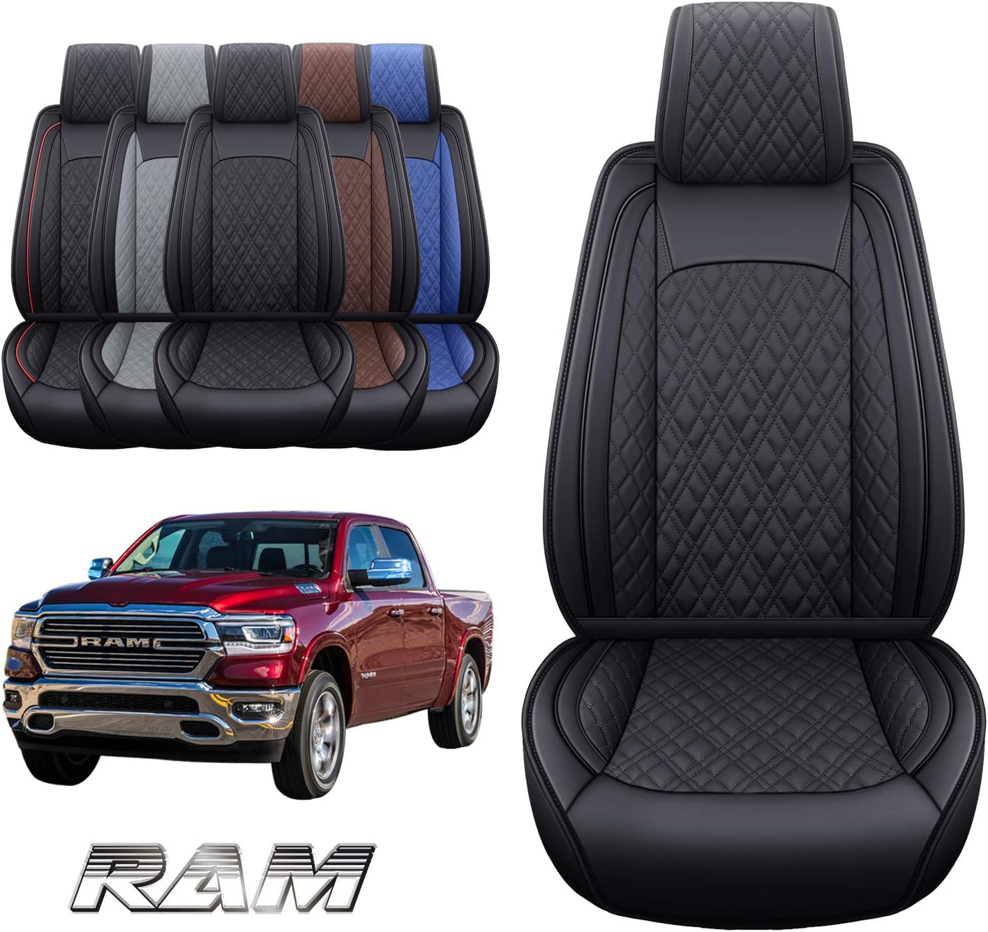 YIERTAI Car Seat Covers Compatible with Dodge Ram Custom Fit 2009-2025 1500 2500 3500 Pickup Mega Cab Limited Longhorn Laramie Bighorn Waterproof Leather Seat Protectors, 2 PCS Front Black