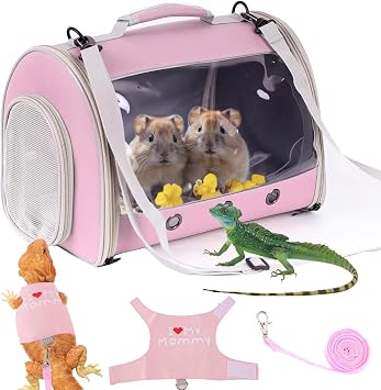 Small Animal Travel Backpack Carrier,Portable Bearded Dragon Bag for Sugar Glider,Hedgehog,Rat,Bunny,Rat,Outdoor Used Pink, Carrier L+ I Leash
