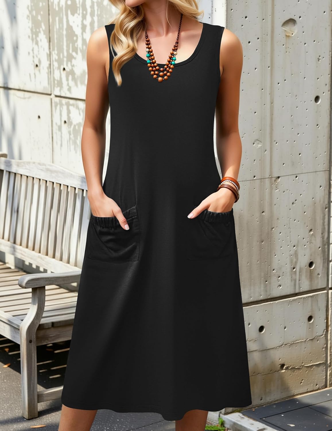 Zeagoo Dresses for Women 2026 Casual Summer Midi Sleeveless Dress A Line Crewneck Beach Vacation Tank Sundresses with Pockets - Image 5