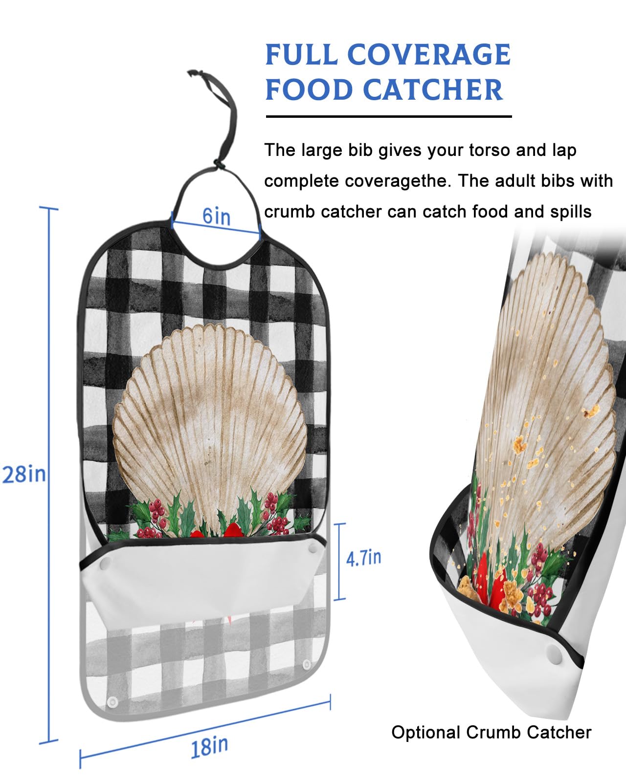 Christmas Adult Bibs for Eating, Waterproof Bibs with Food Catcher & Adjustable Snap Closure, Berry Botanical Red Bow Knot Shell Black Plaid Clothing Protectors Adult Bibs for Elderly Women/Men