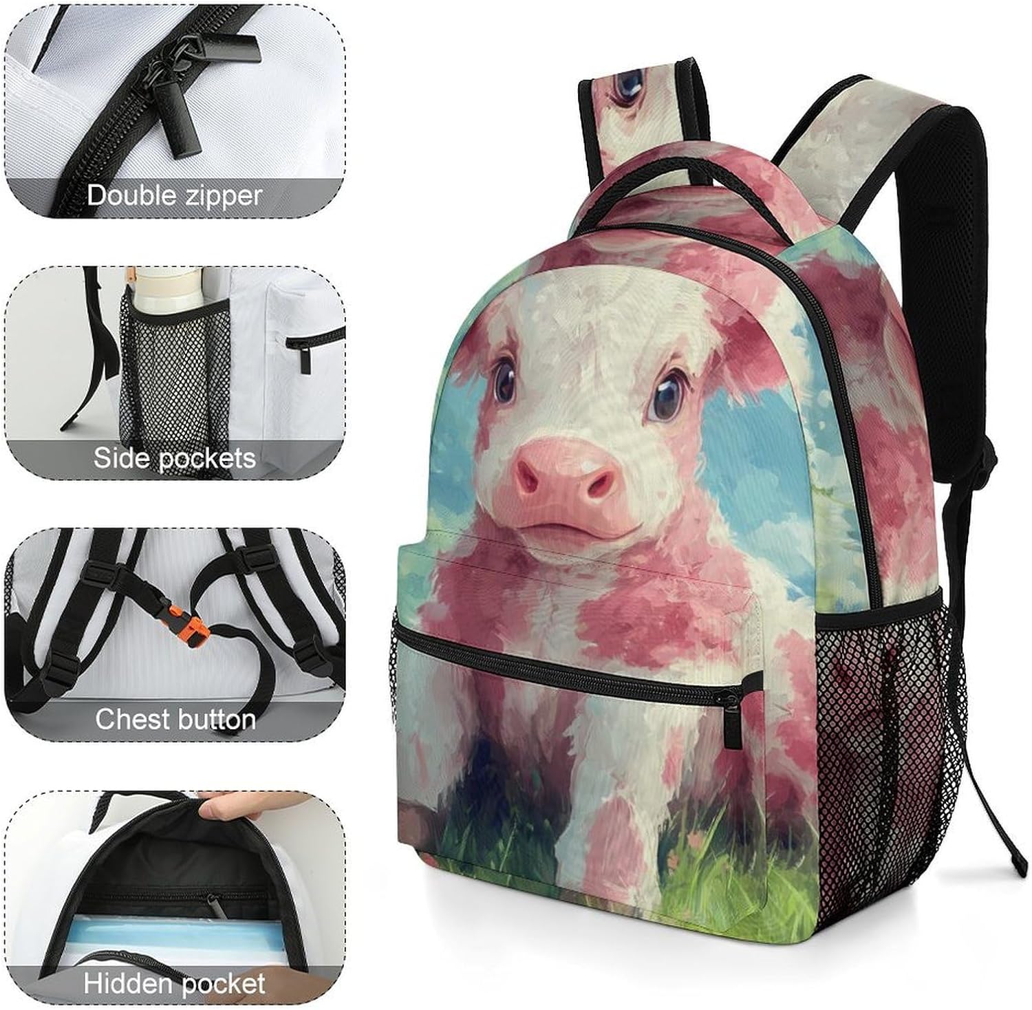 Strawberry Cow Sitting on Grassy Field Unisex Backpack Casual Daypacks Lightweight Shoulders Bag for Camping Hiking Travel